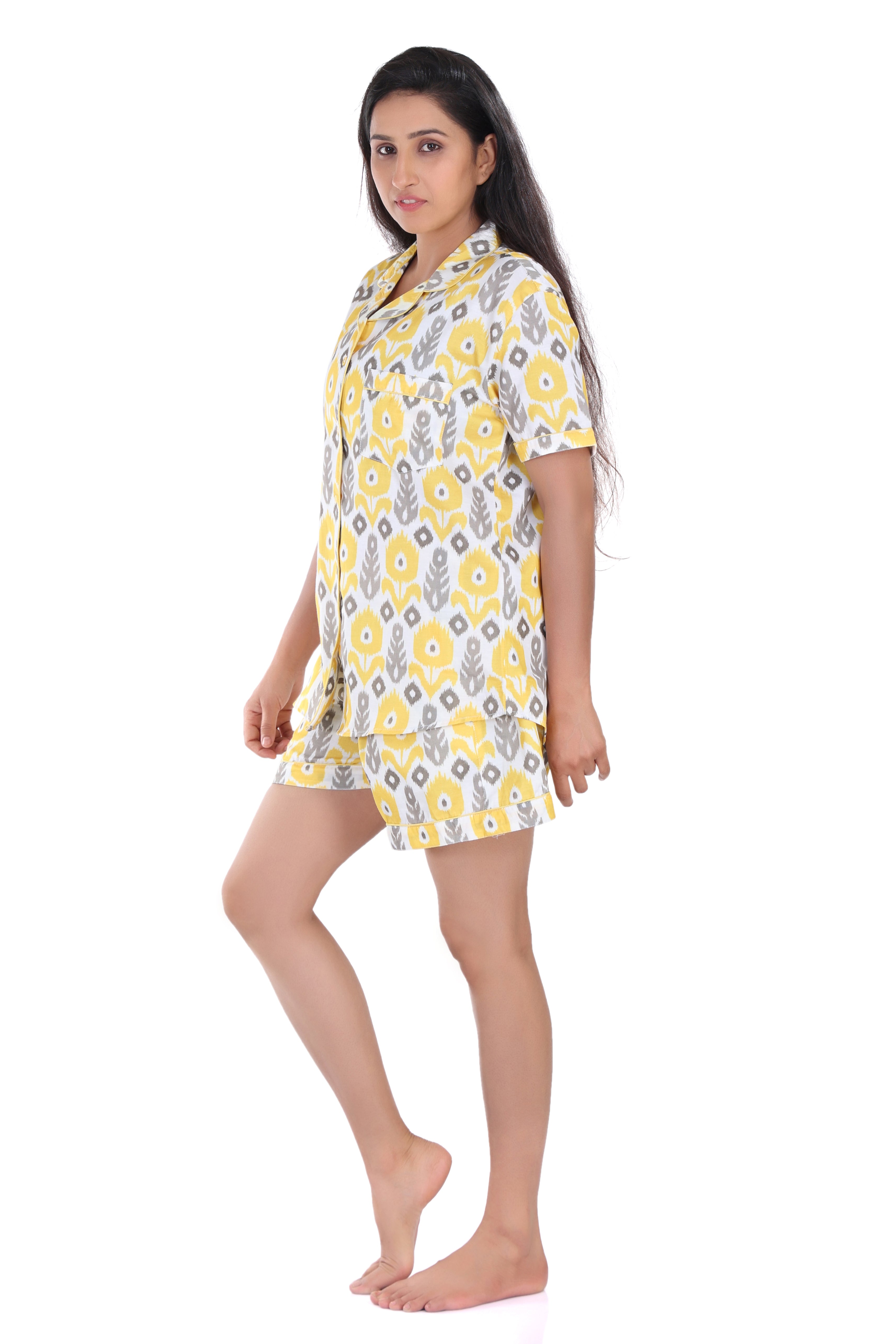 B&B Cambric Cotton Printed Pajama Set for Women Half Sleeve Night Suit Top and Shorts - Yellow Ikat