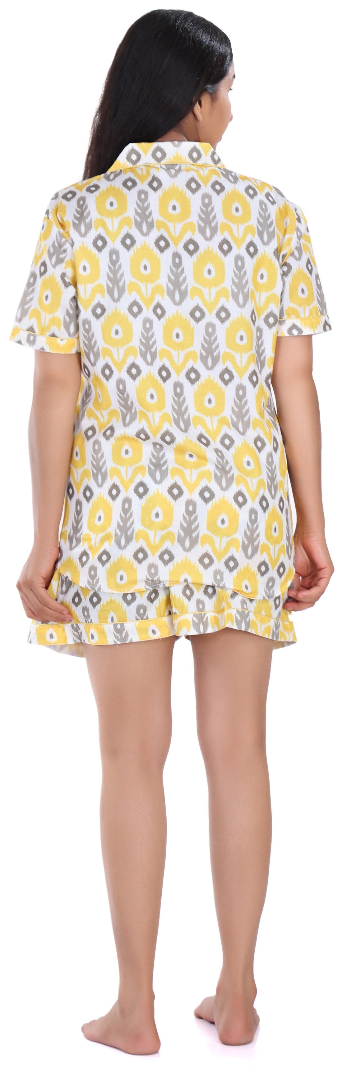 B&B Cambric Cotton Printed Pajama Set for Women Half Sleeve Night Suit Top and Shorts - Yellow Ikat