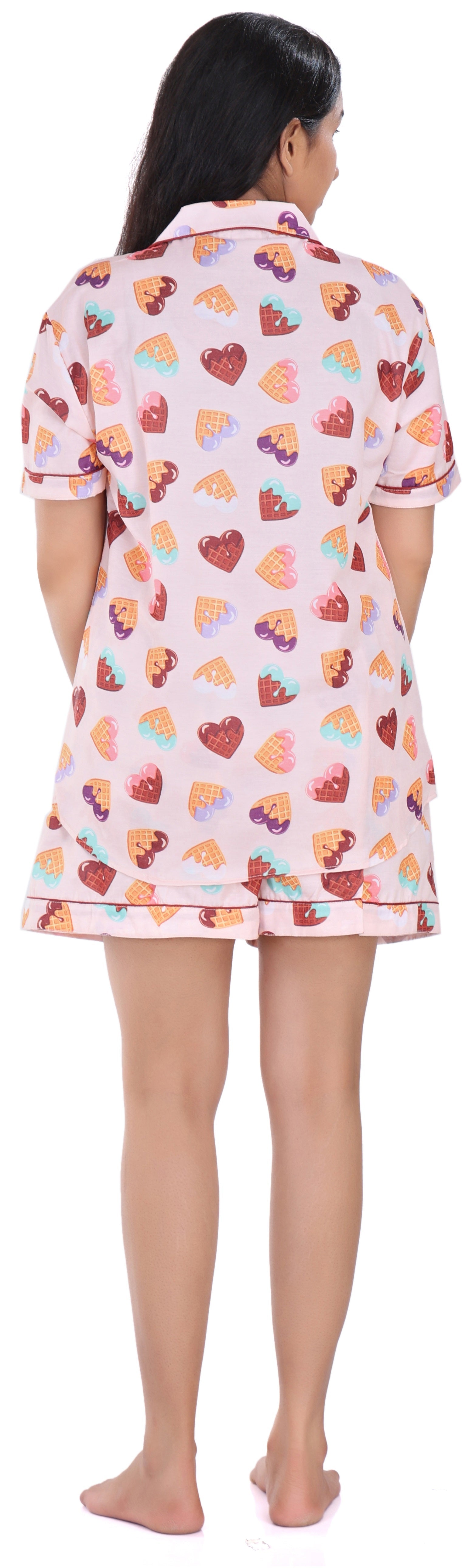 B&B Cambric Cotton Printed Pajama Set for Women Half Sleeve Night Suit Top and Shorts - Waffles