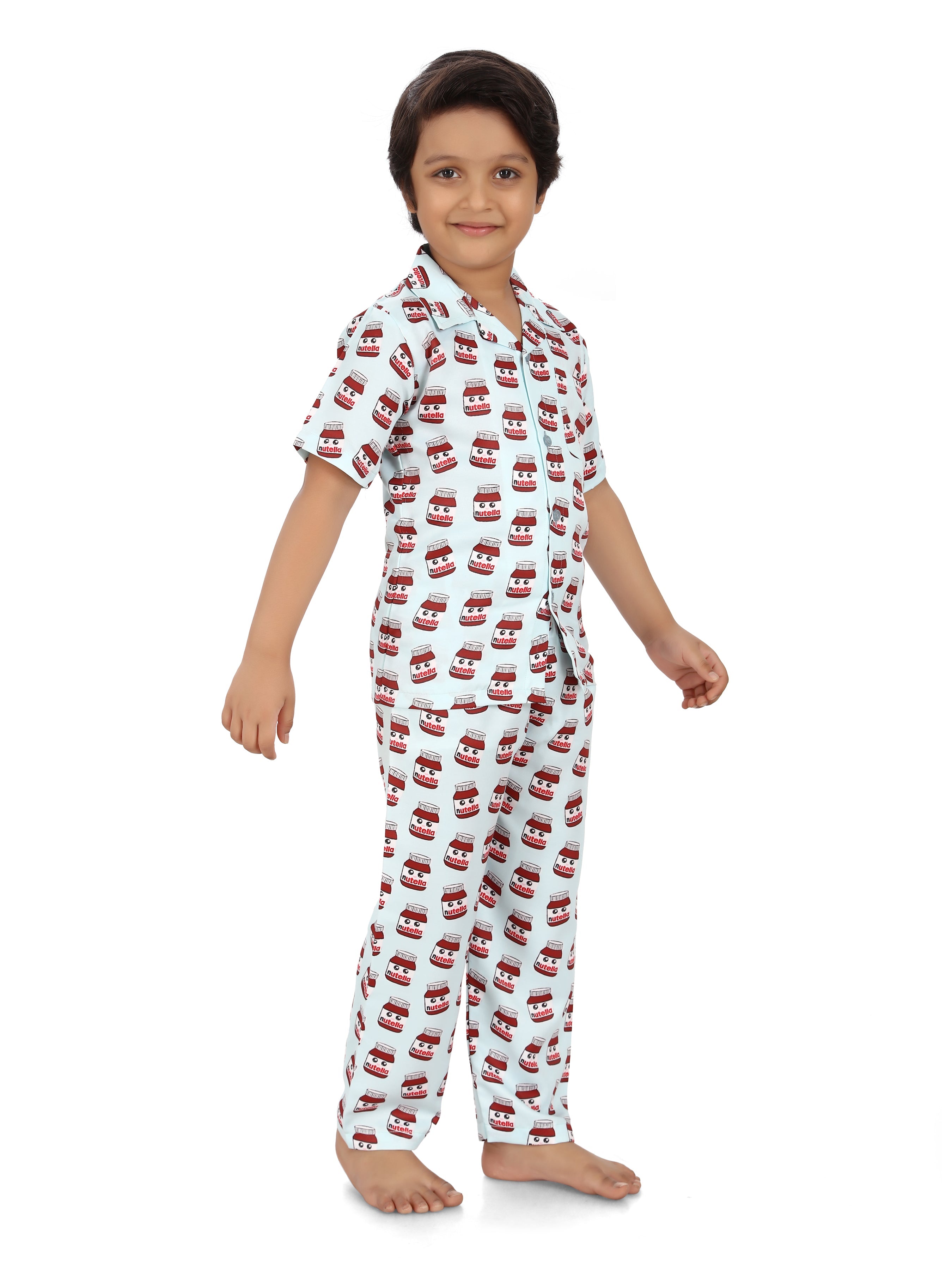 B&B Feather Soft Cotton Printed Half Sleeve Kids Nightwear Night Suit Shirt and Pyjama Combo Set - Creamy Nutella