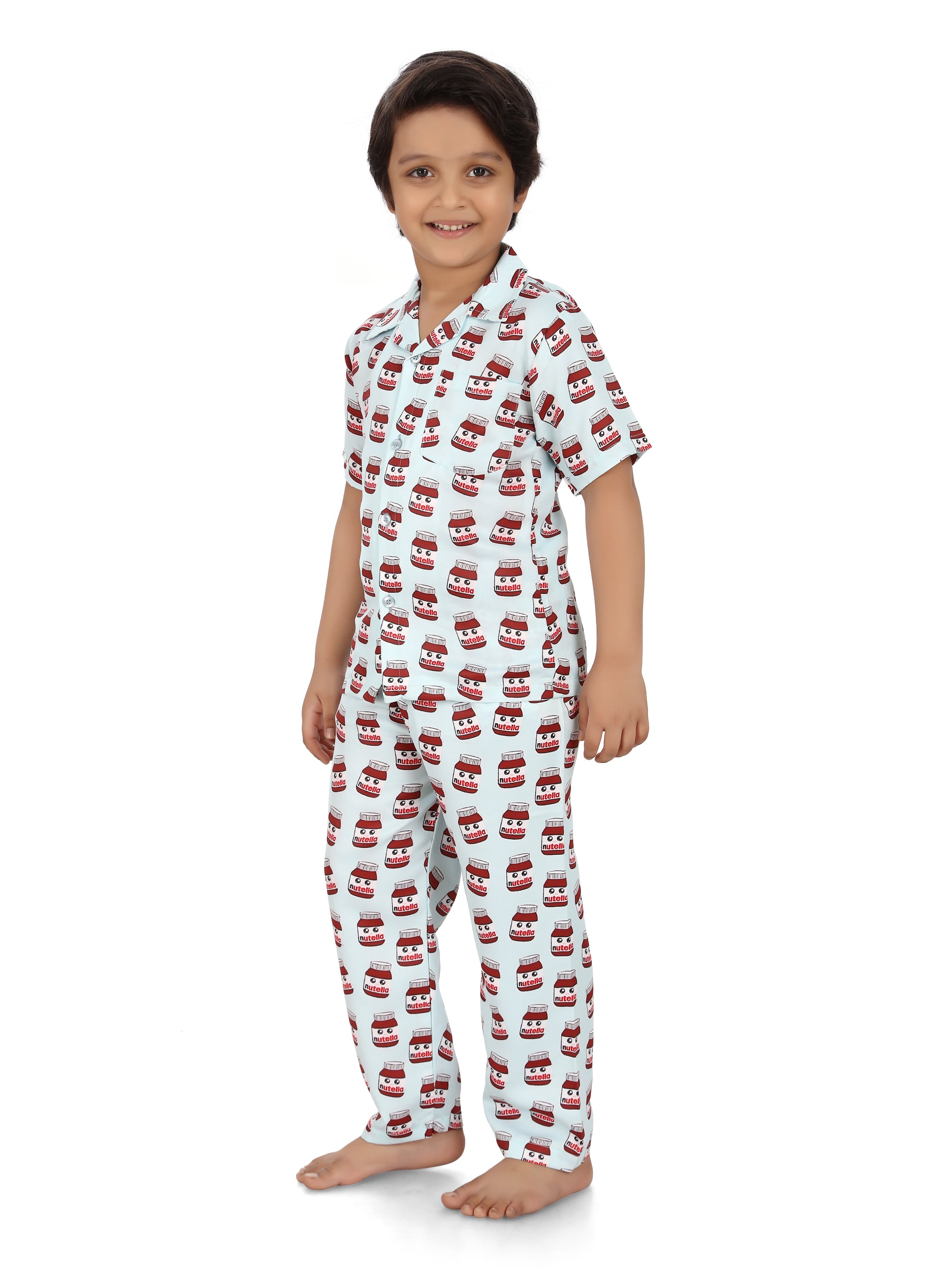 B&B Feather Soft Cotton Printed Half Sleeve Kids Nightwear Night Suit Shirt and Pyjama Combo Set - Creamy Nutella