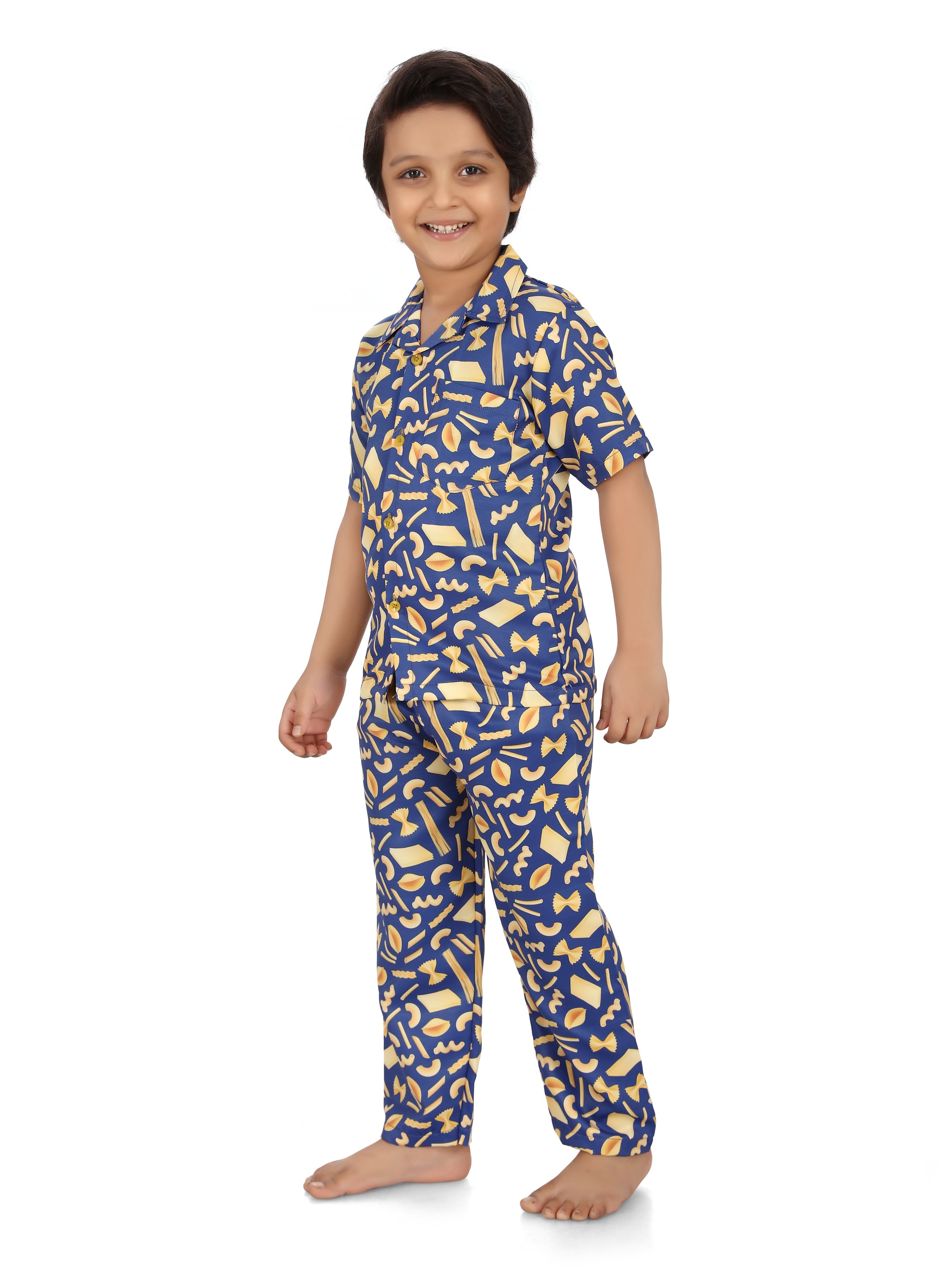 B&B Feather Soft Cotton Printed Half Sleeve Kids Nightwear Night Suit Shirt and Pyjama Combo Set - Cheesy Italian Pasta