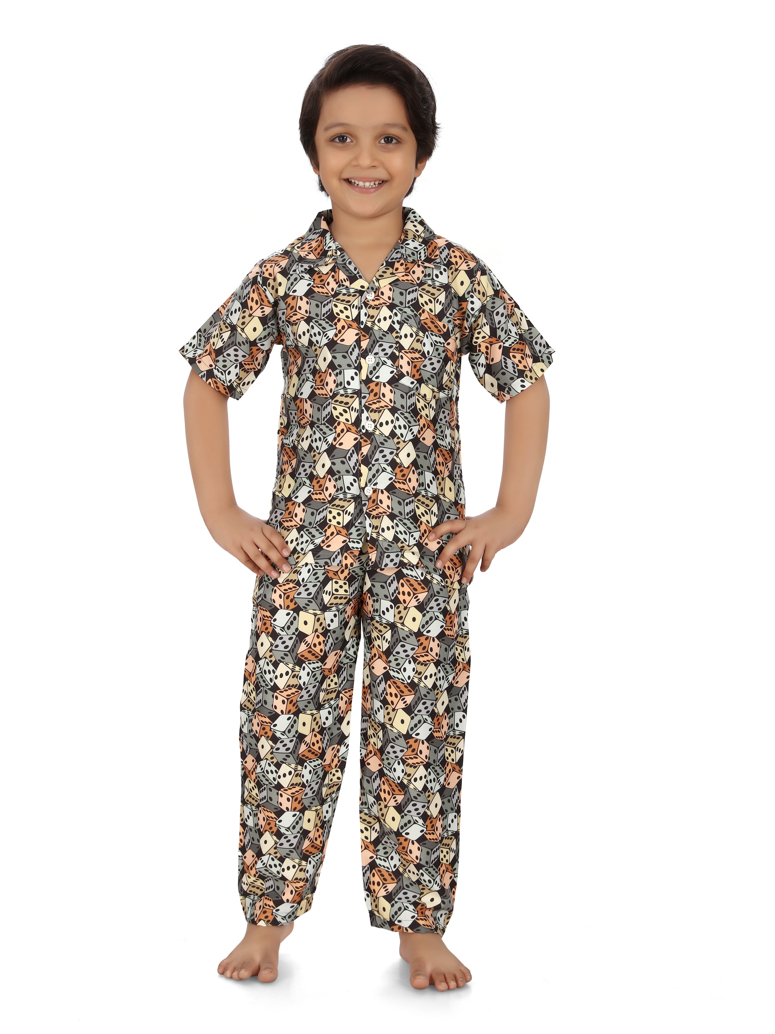 B&B Feather Soft Cotton Printed Half Sleeve Kids Nightwear Night Suit Shirt and Pyjama Combo Set - Cube Dices