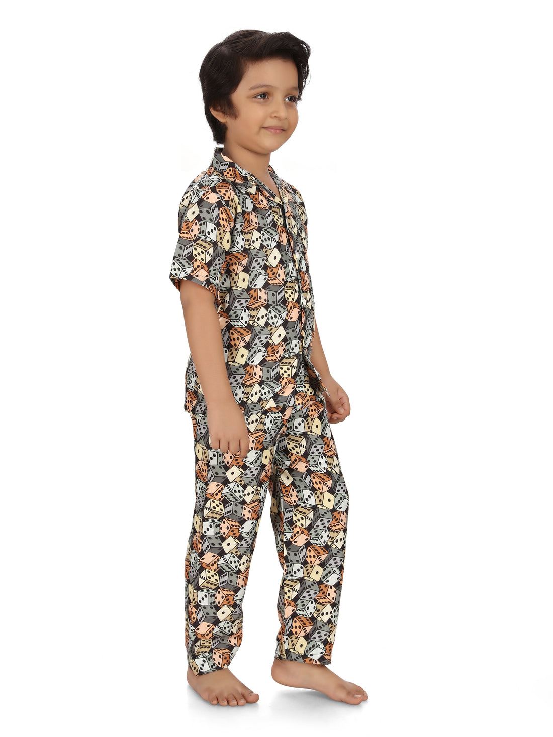 B&B Feather Soft Cotton Printed Half Sleeve Kids Nightwear Night Suit Shirt and Pyjama Combo Set - Cube Dices