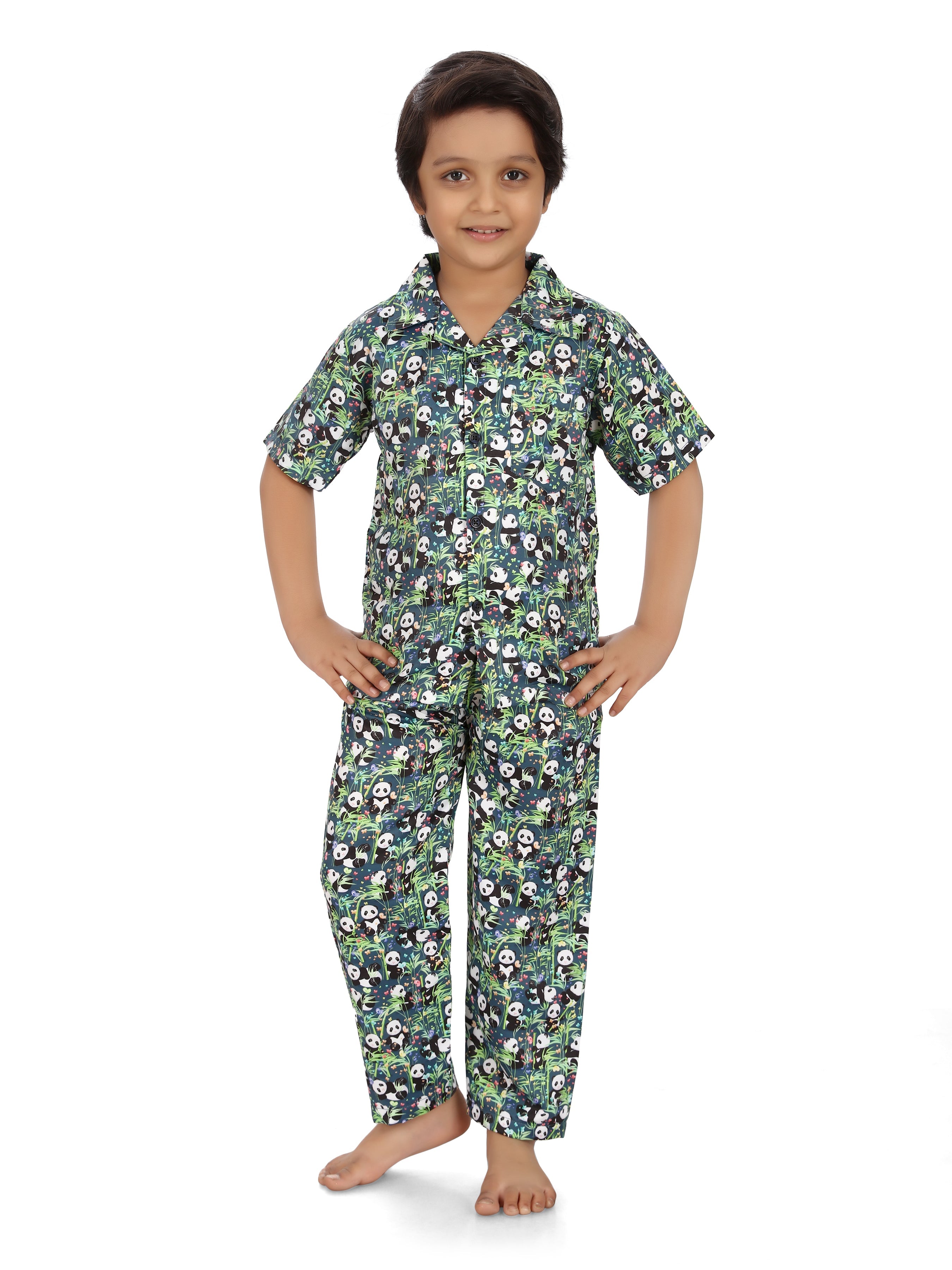 B&B Feather Soft Cotton Printed Half Sleeve Kids Nightwear Night Suit Shirt and Pyjama Combo Set - Lazy Panda