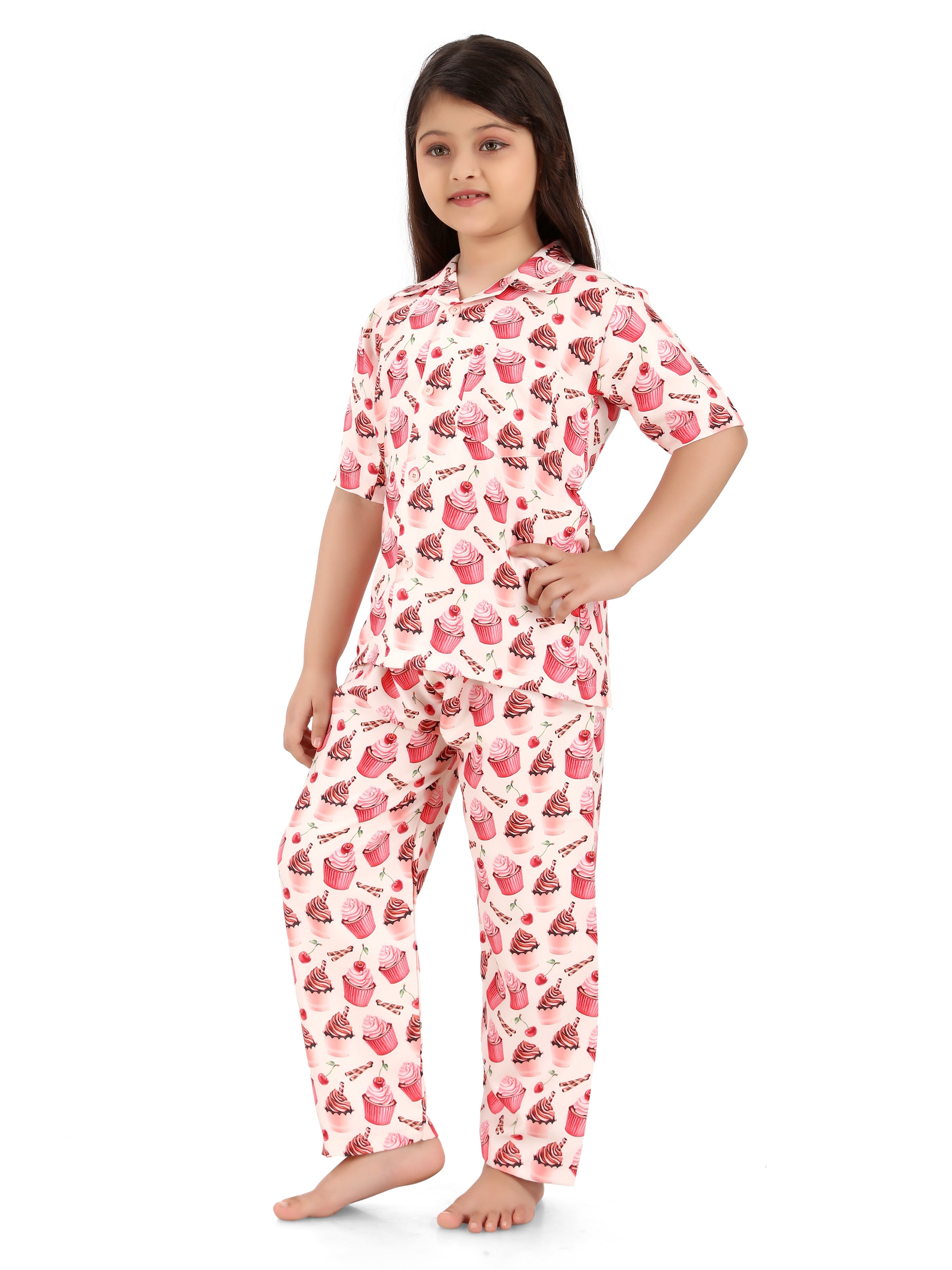 B&B Feather Soft Cotton Printed Half Sleeve Kids Nightwear Night Suit Shirt and Pyjama Combo Set - Lip Smacking Cupcakes