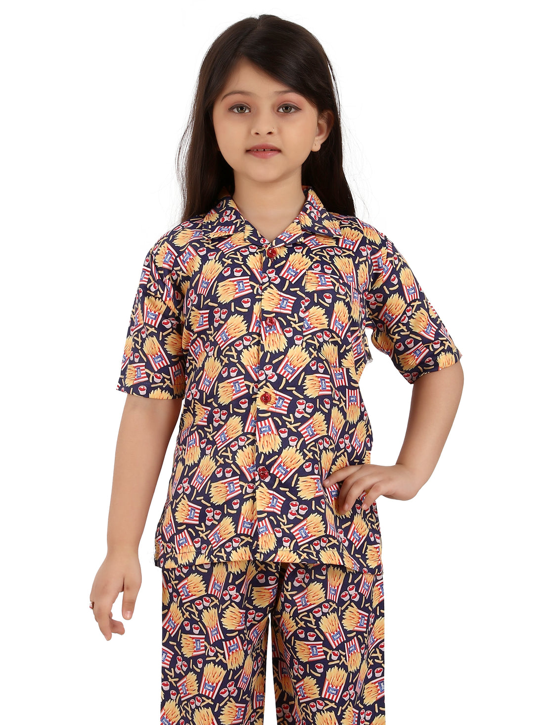 B&B Feather Soft Cotton Printed Half Sleeve Kids Nightwear Night Suit Shirt and Pyjama Combo Set - French Fries