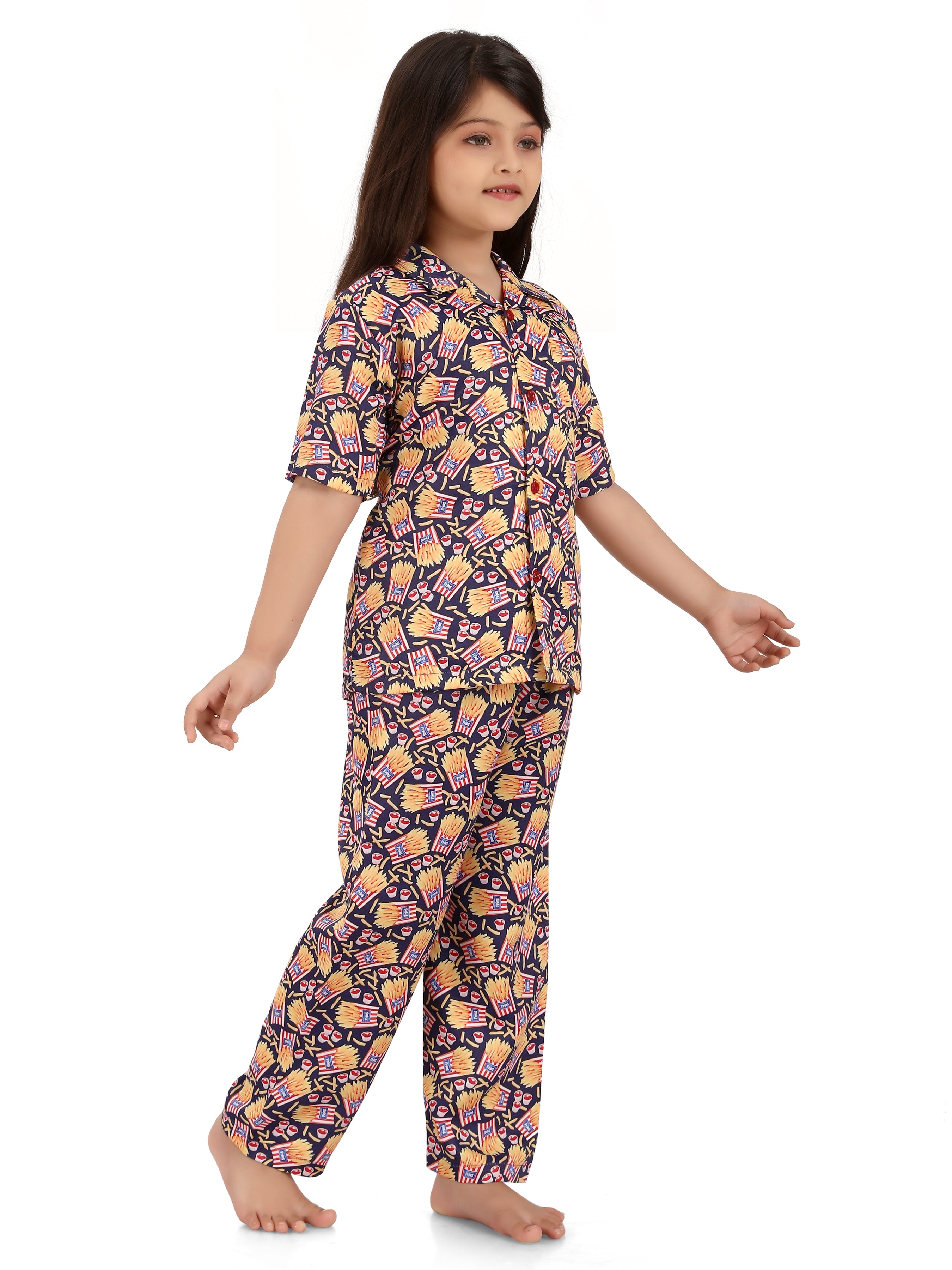 B&B Feather Soft Cotton Printed Half Sleeve Kids Nightwear Night Suit Shirt and Pyjama Combo Set - French Fries