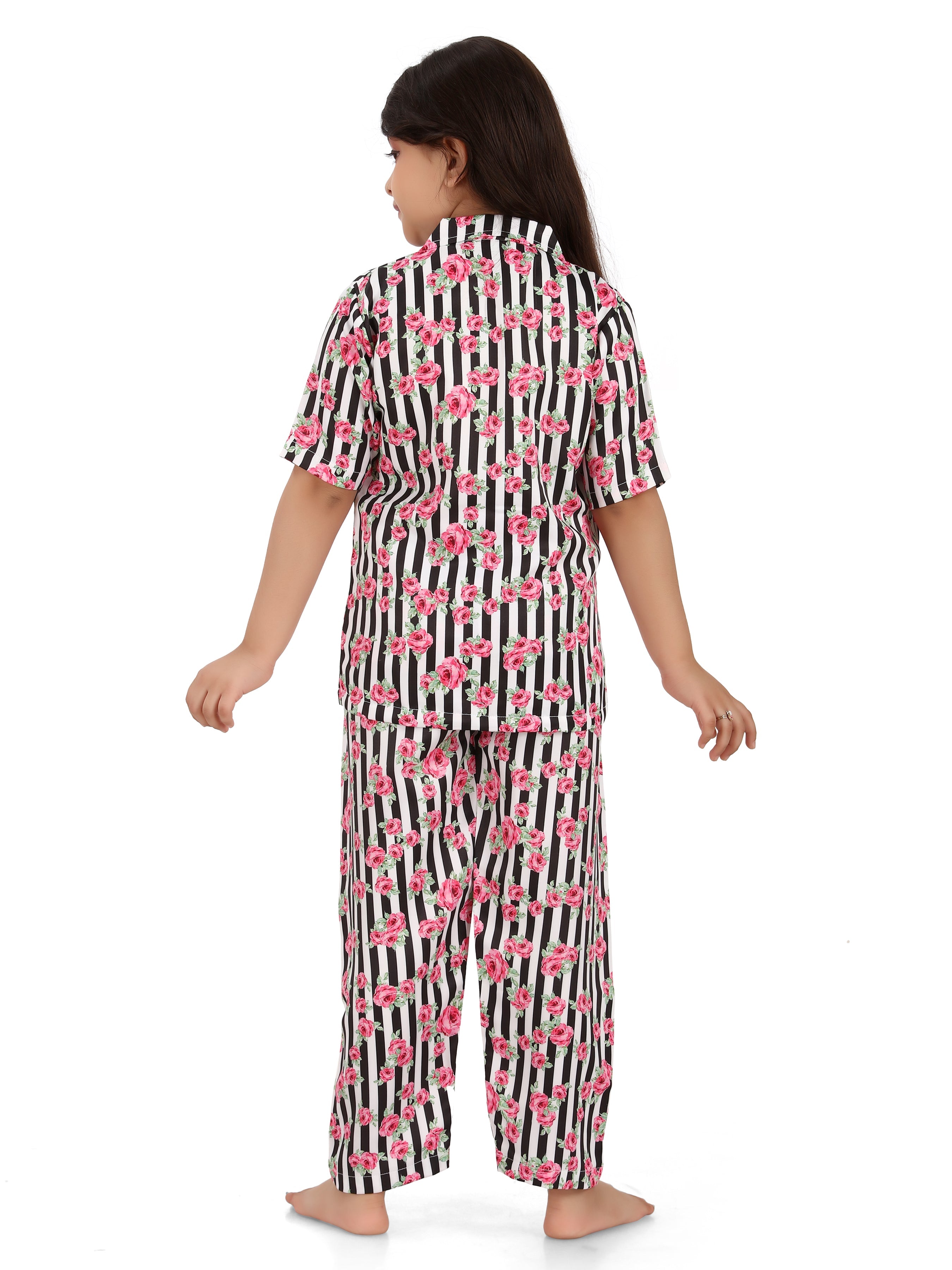 B&B Feather Soft Cotton Printed Half Sleeve Kids Nightwear Night Suit Shirt and Pyjama Combo Set - Pink Striped Floral