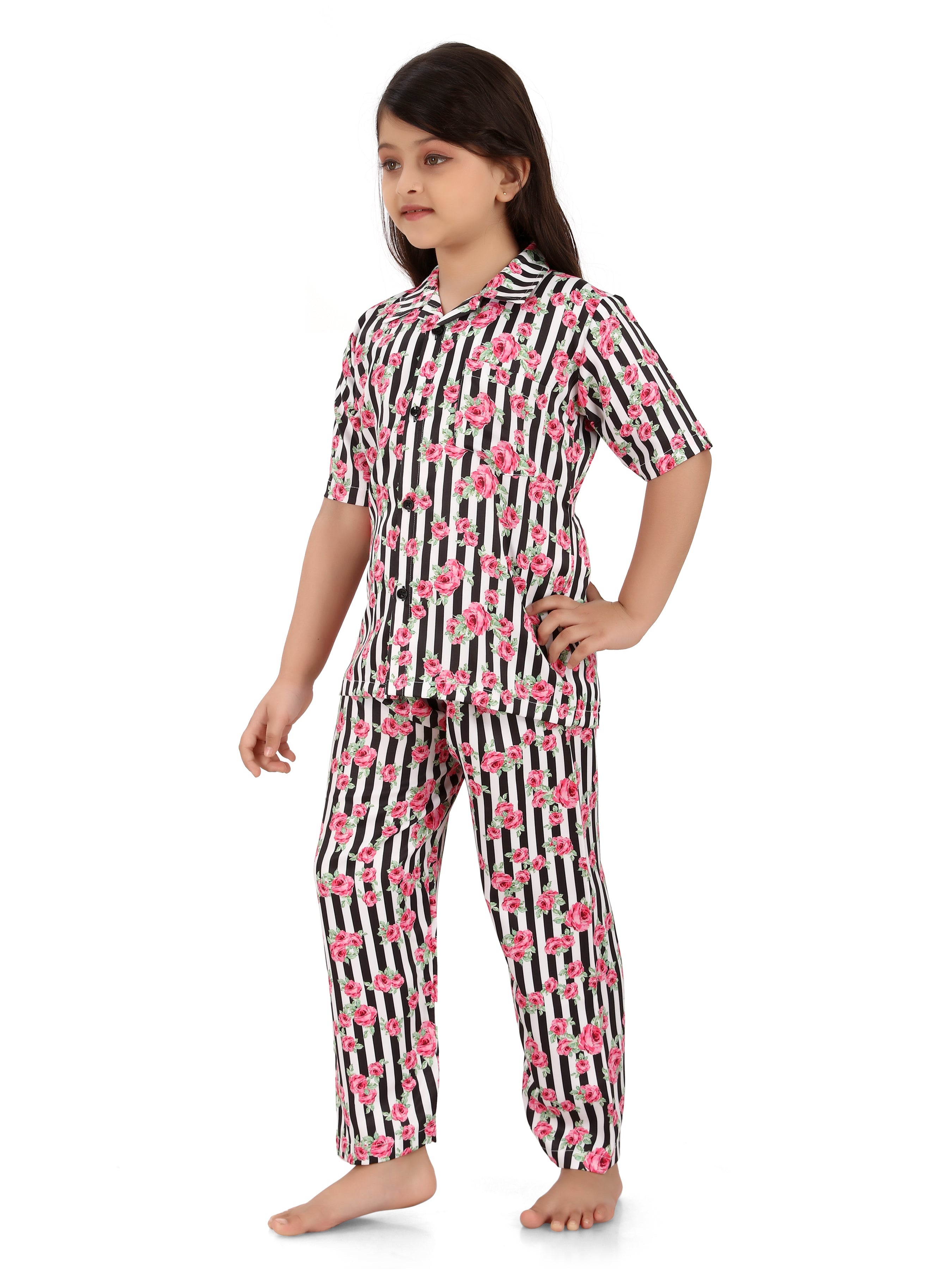 B&B Feather Soft Cotton Printed Half Sleeve Kids Nightwear Night Suit Shirt and Pyjama Combo Set - Pink Striped Floral