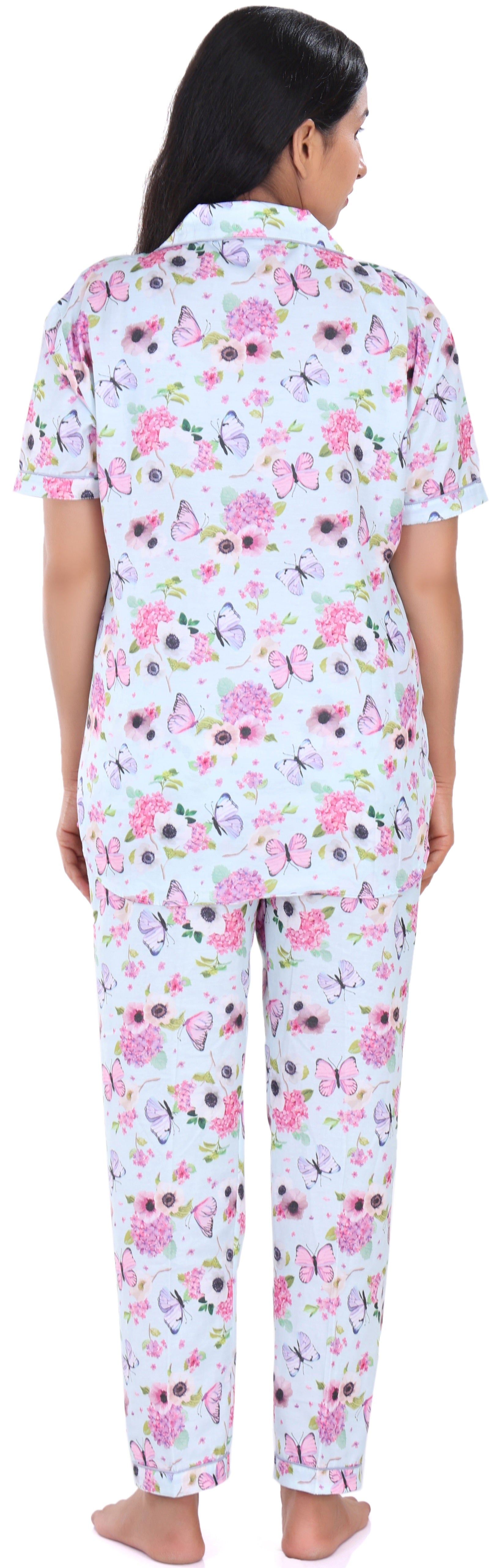 B&B Cambric Cotton Printed Pajama Set for Women Half Sleeve Night Suit Top and Full Pyjama - Blue Butterfly