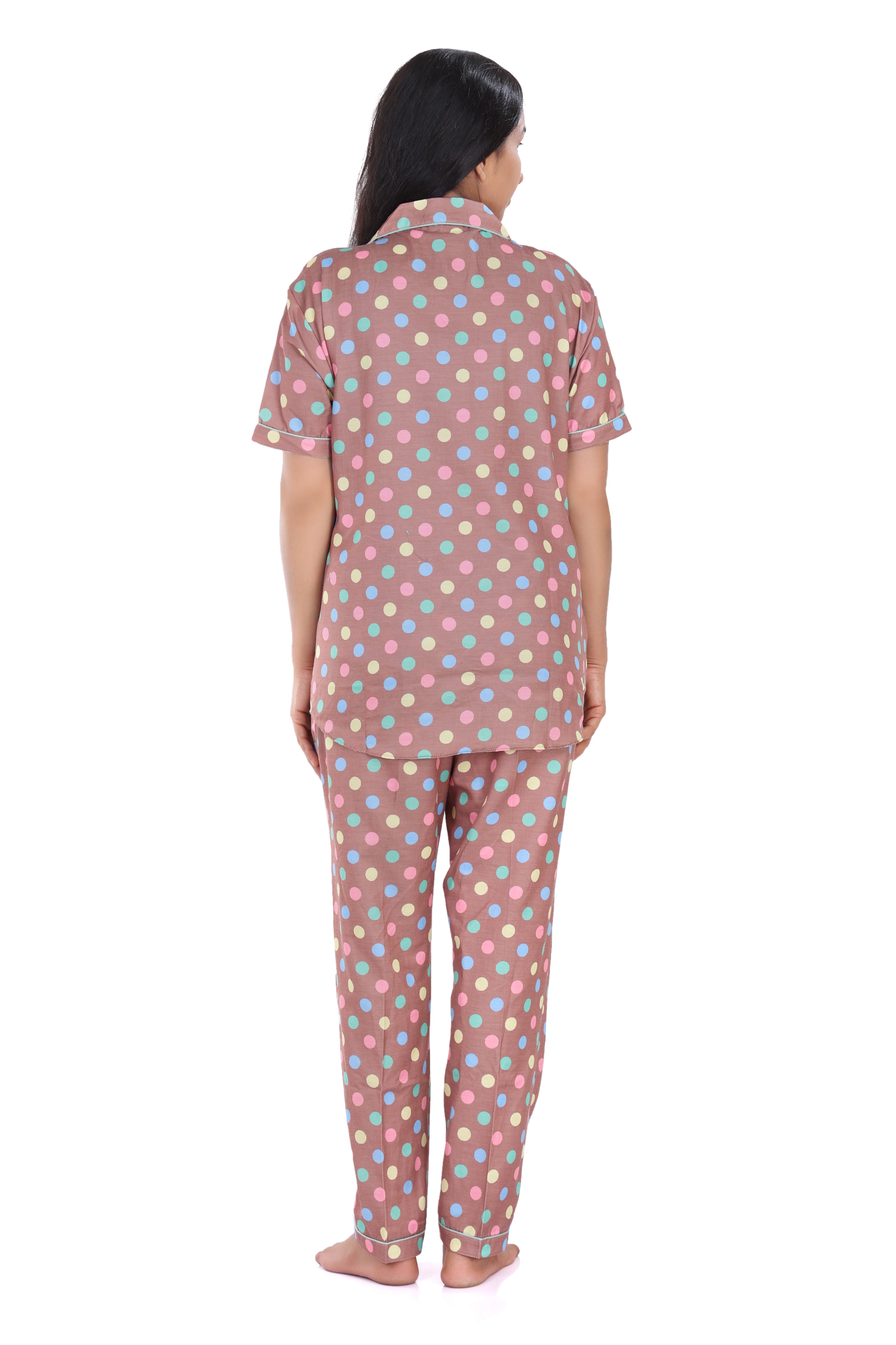 B&B Cambric Cotton Printed Pajama Set for Women Half Sleeve Night Suit Top and Full Pyjama - Polka Dots