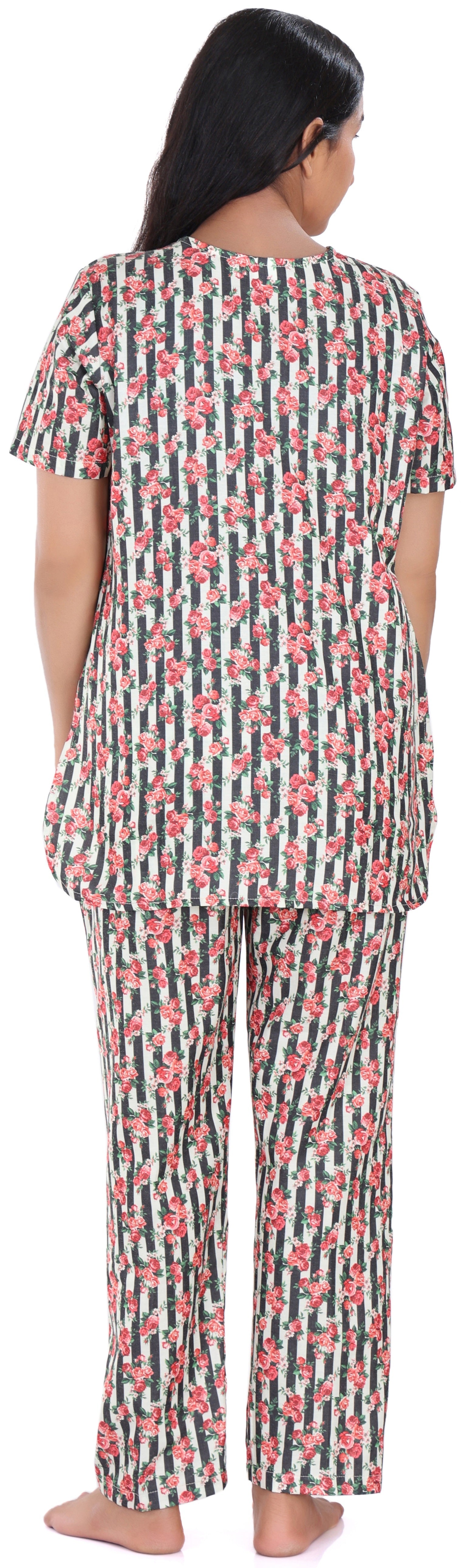 B&B Cambric Cotton Printed Pajama Set for Women Half Sleeve Night Suit Top and Full Pyjama - Striped Floral