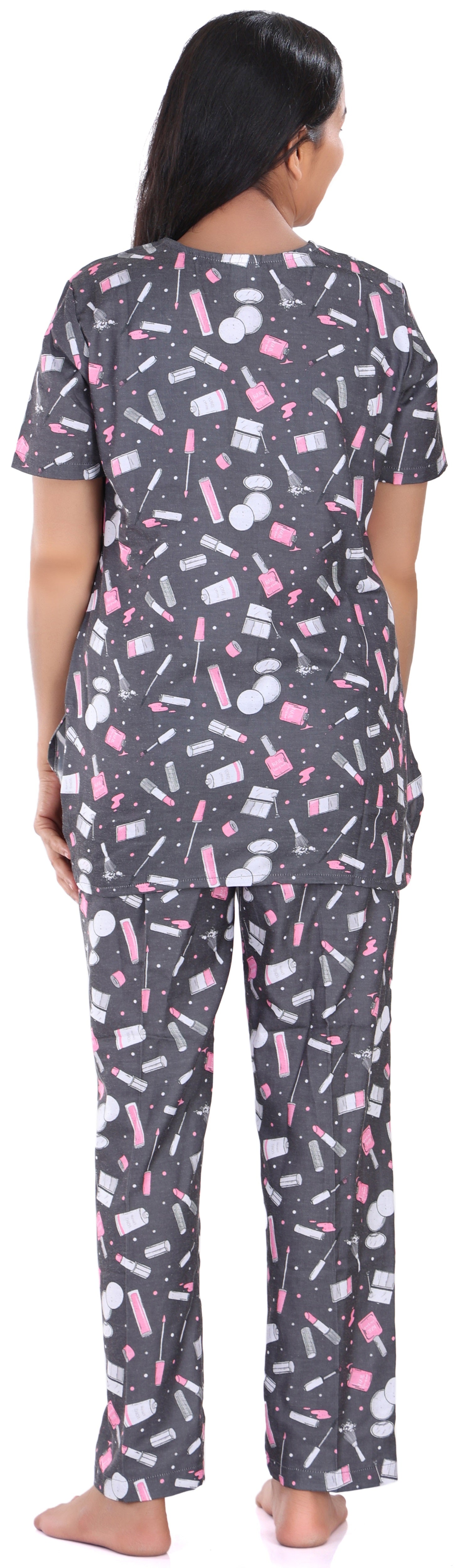 B&B Cambric Cotton Printed Pajama Set for Women Half Sleeve Night Suit Top and Full Pyjama - Makeup Grey