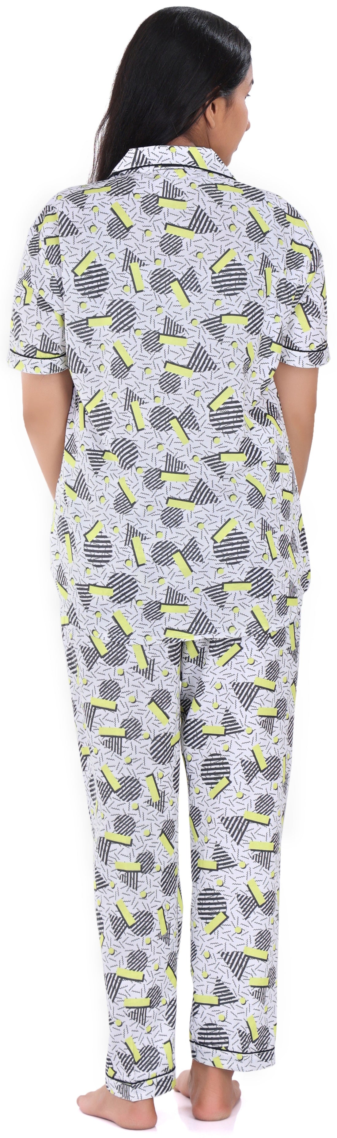 B&B Cambric Cotton Printed Pajama Set for Women Half Sleeve Night Suit Top and Full Pyjama - Geometric White