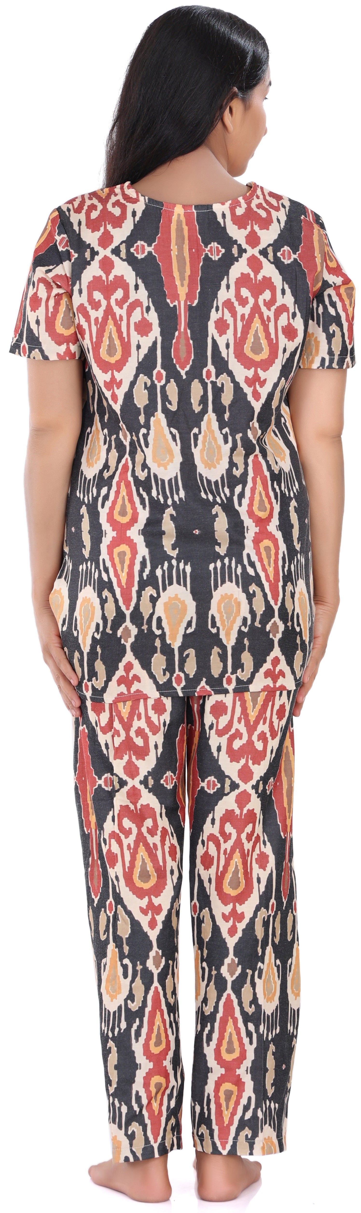 B&B Cambric Cotton Printed Pajama Set for Women Half Sleeve Night Suit Top and Full Pyjama - Brown Ikat