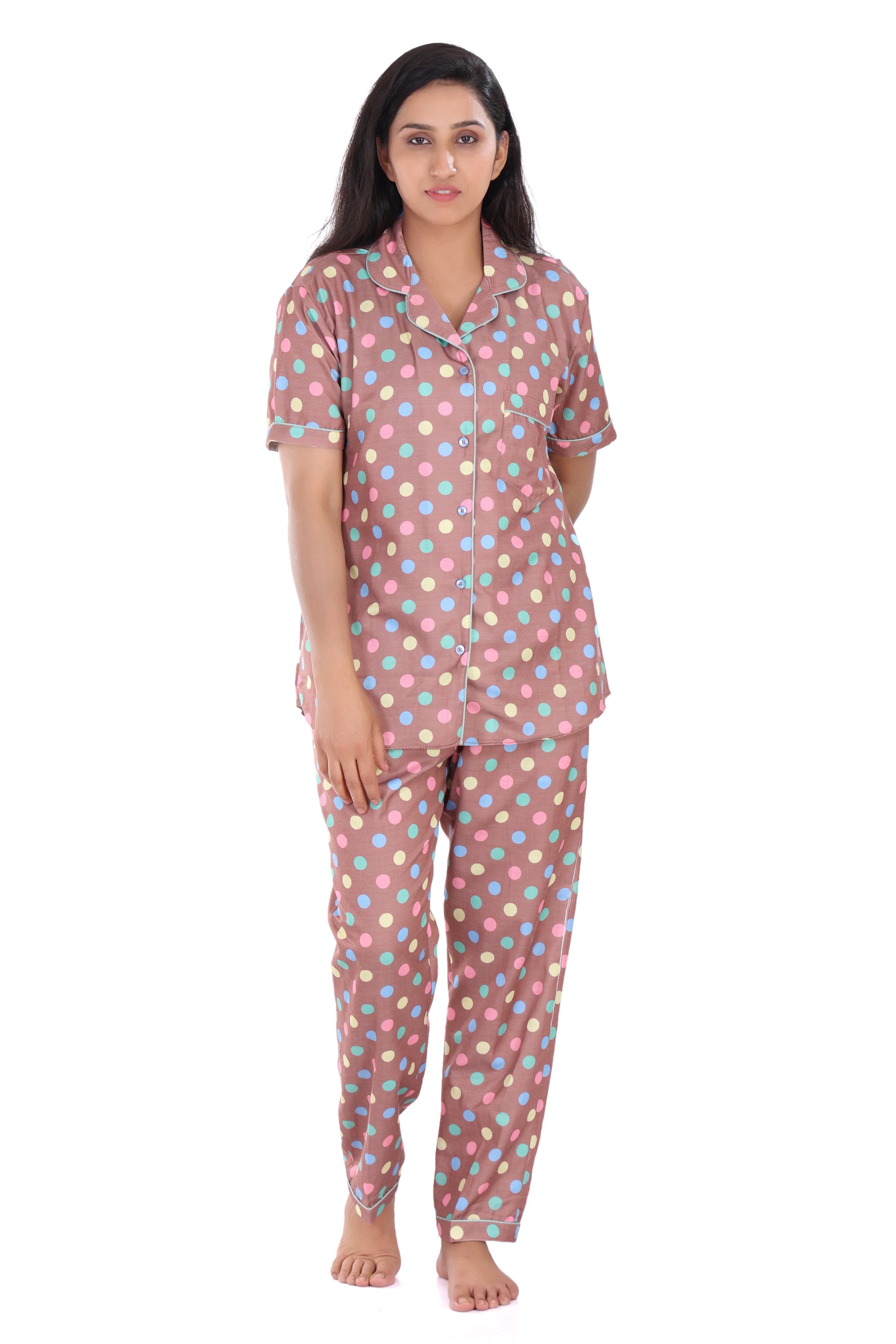 B&B Cambric Cotton Printed Pajama Set for Women Half Sleeve Night Suit Top and Full Pyjama - Polka Dots
