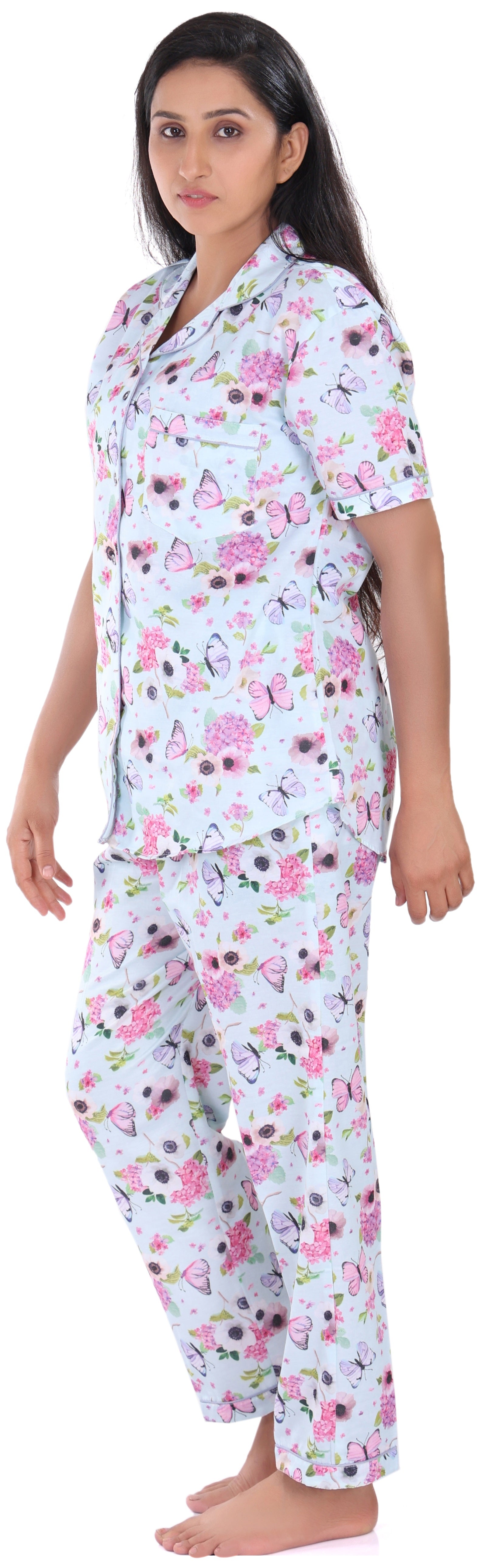 B&B Cambric Cotton Printed Pajama Set for Women Half Sleeve Night Suit Top and Full Pyjama - Blue Butterfly