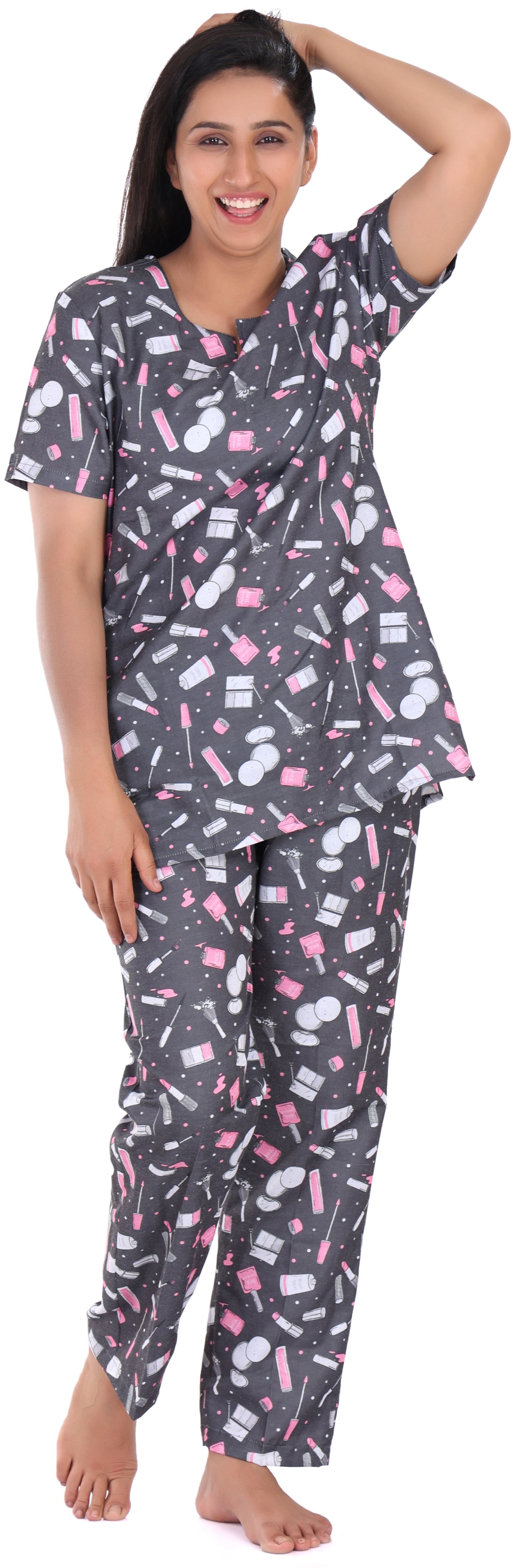 B&B Cambric Cotton Printed Pajama Set for Women Half Sleeve Night Suit Top and Full Pyjama - Makeup Grey