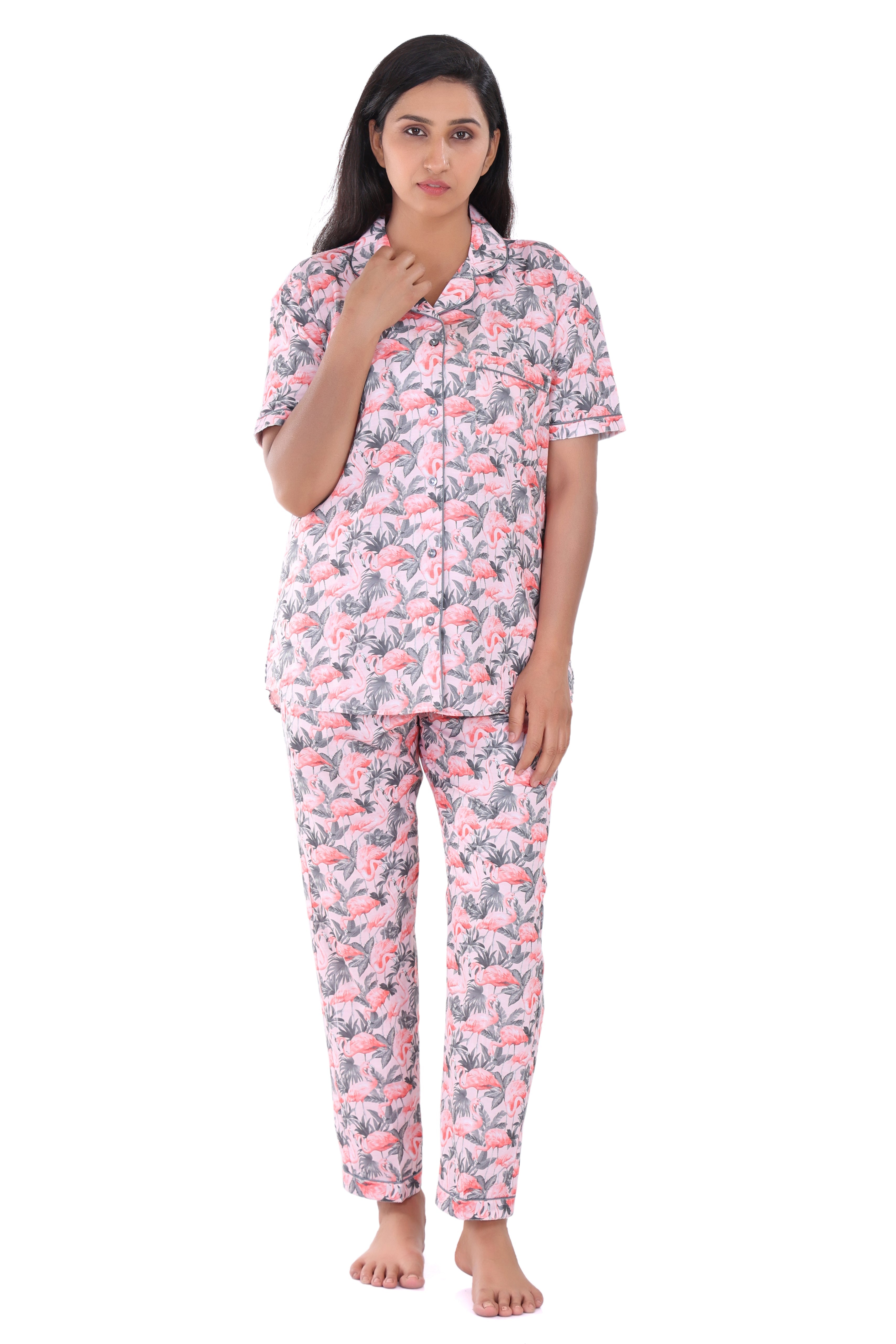 B&B Cambric Cotton Printed Pajama Set for Women Half Sleeve Night Suit Top and Full Pyjama - Scarlet Flamingoes