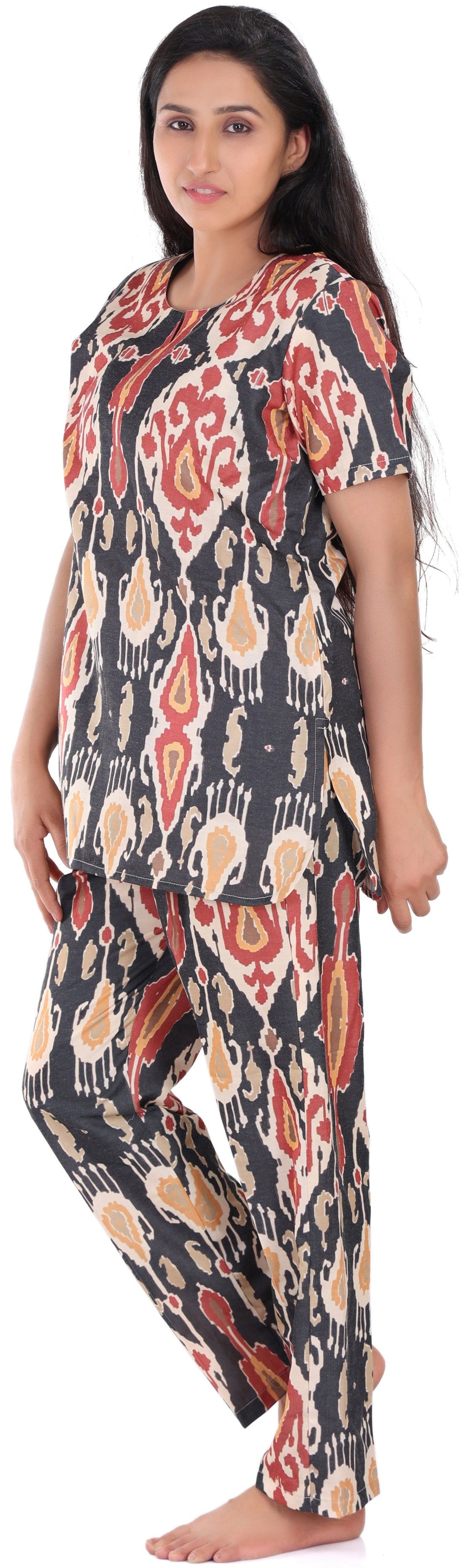 B&B Cambric Cotton Printed Pajama Set for Women Half Sleeve Night Suit Top and Full Pyjama - Brown Ikat