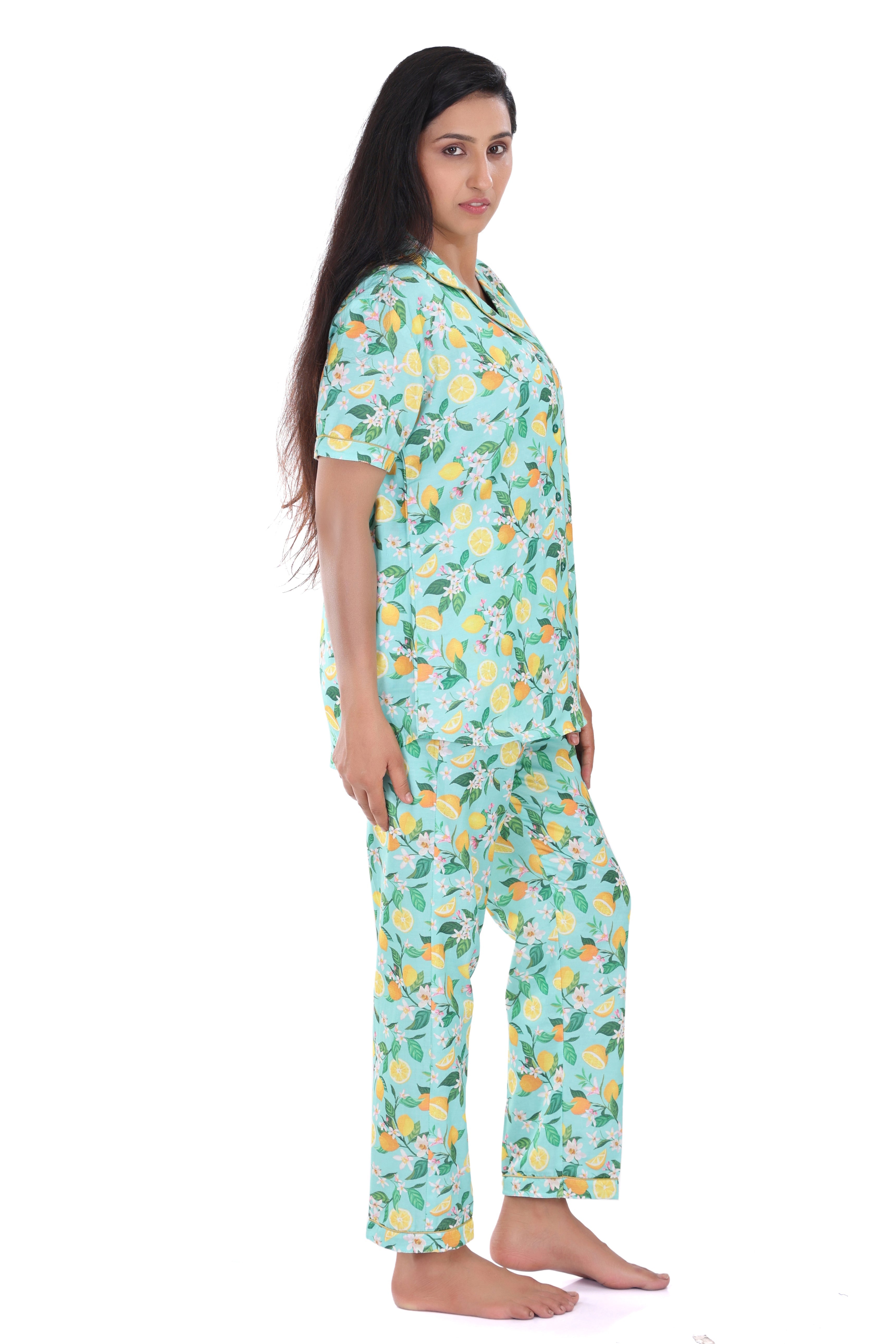 B&B Cambric Cotton Printed Pajama Set for Women Half Sleeve Night Suit Top and Full Pyjama - Tangy Lemon