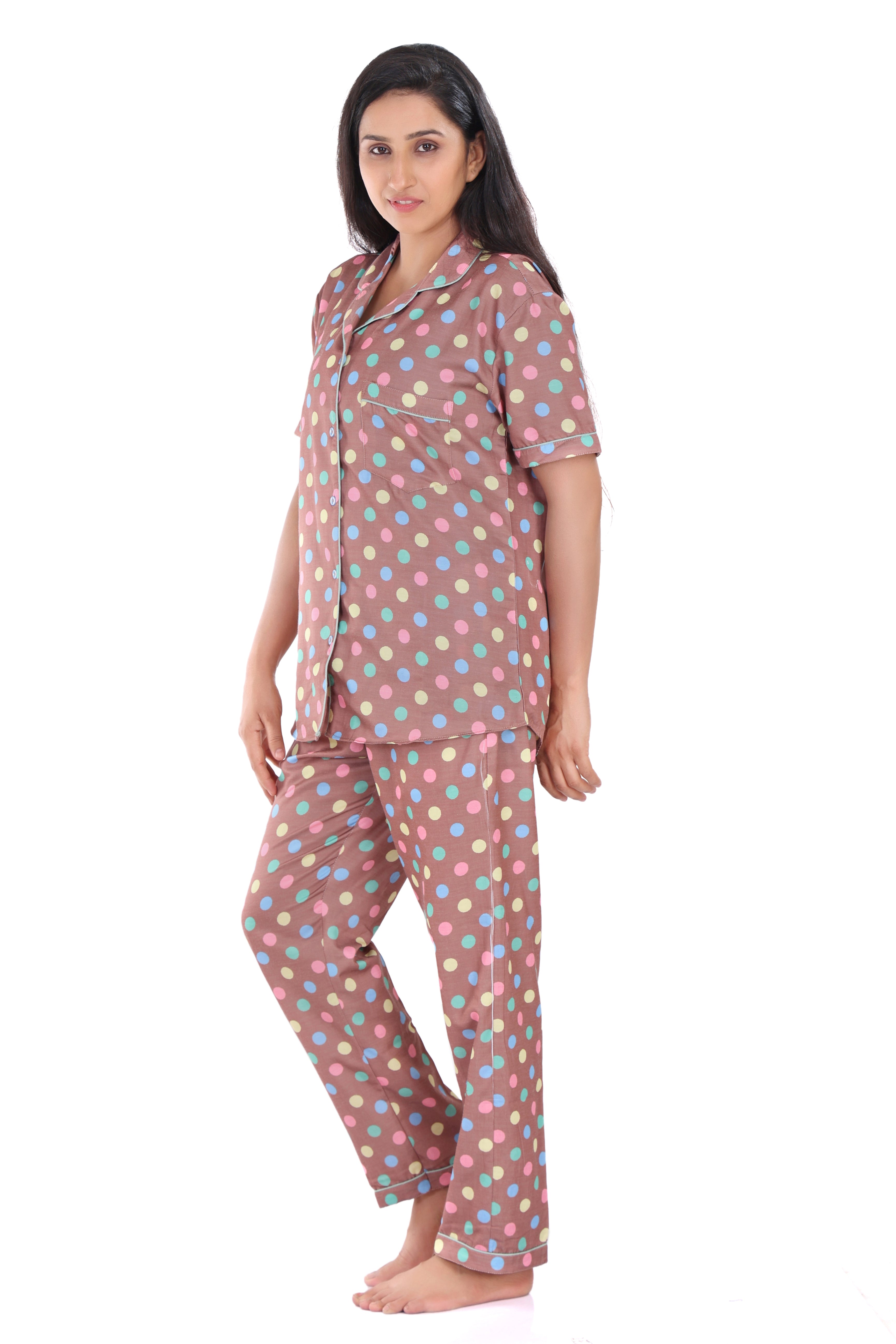 B&B Cambric Cotton Printed Pajama Set for Women Half Sleeve Night Suit Top and Full Pyjama - Polka Dots