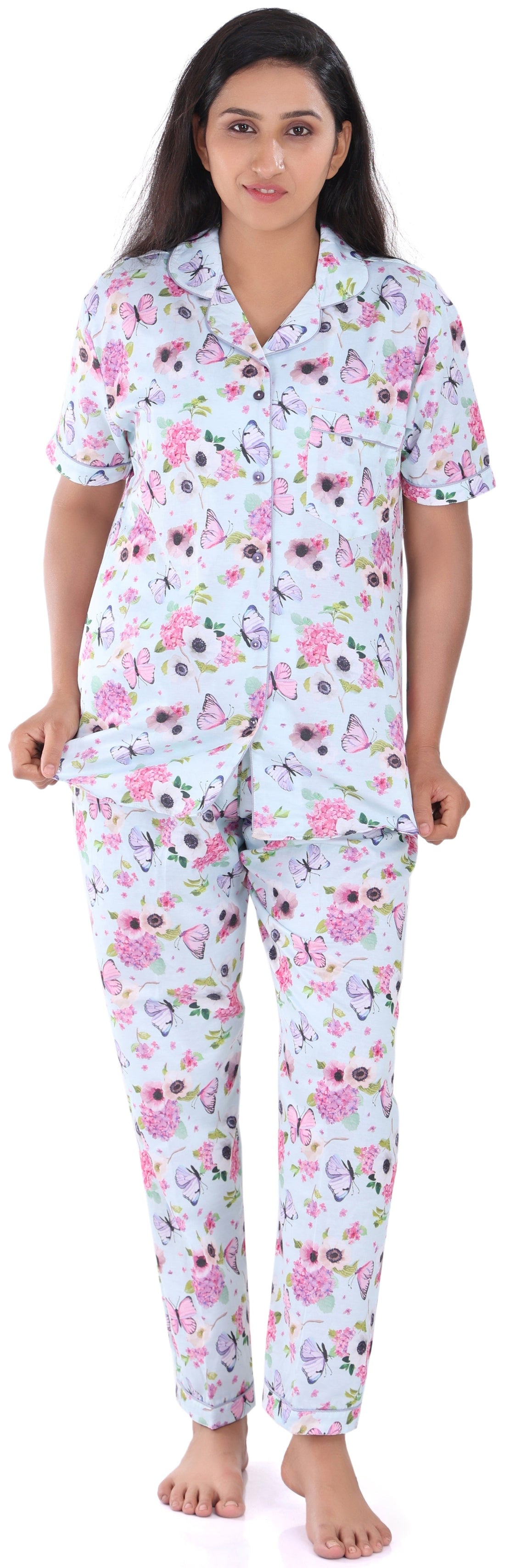 B&B Cambric Cotton Printed Pajama Set for Women Half Sleeve Night Suit Top and Full Pyjama - Blue Butterfly