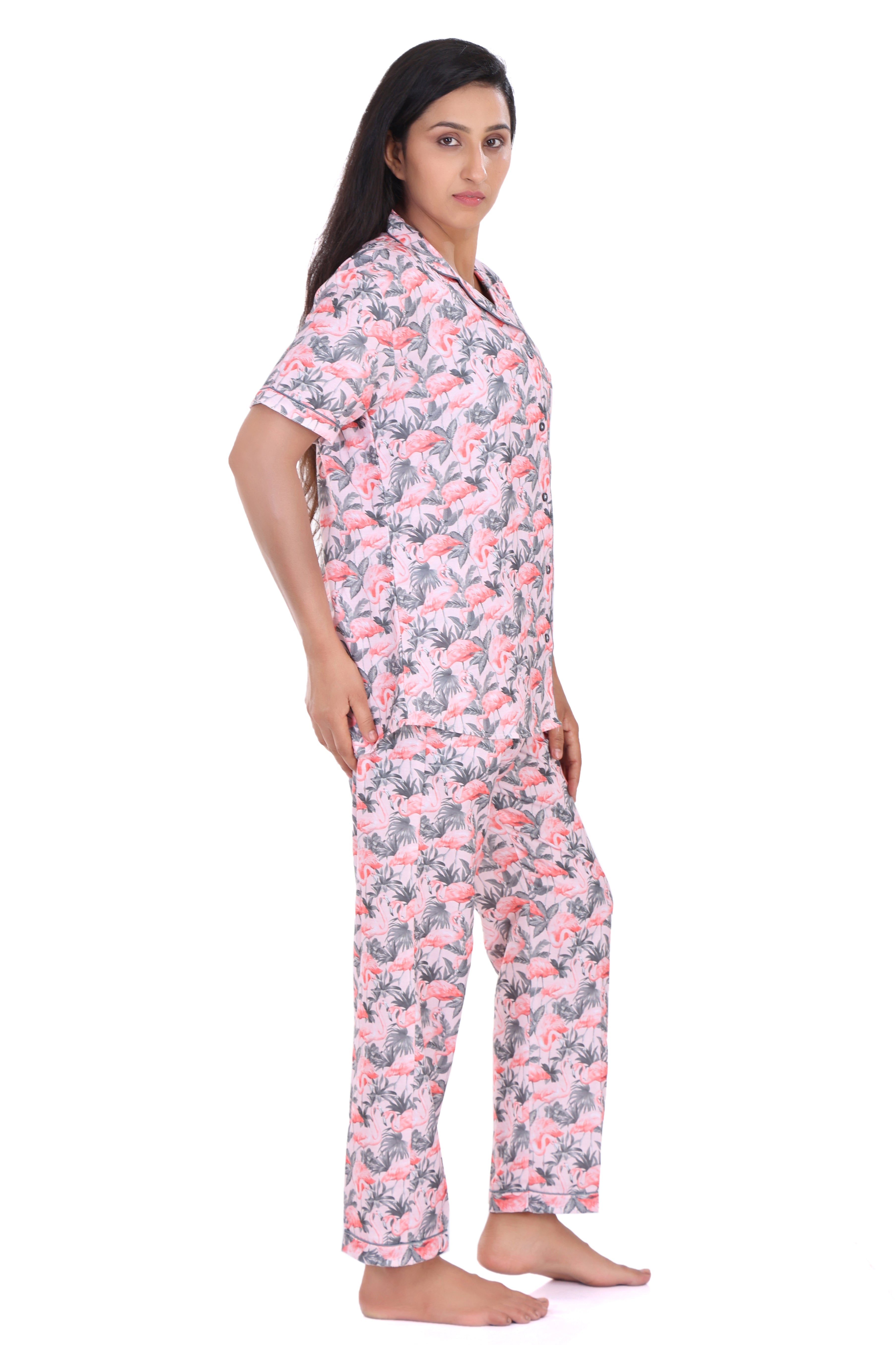 B&B Cambric Cotton Printed Pajama Set for Women Half Sleeve Night Suit Top and Full Pyjama - Scarlet Flamingoes