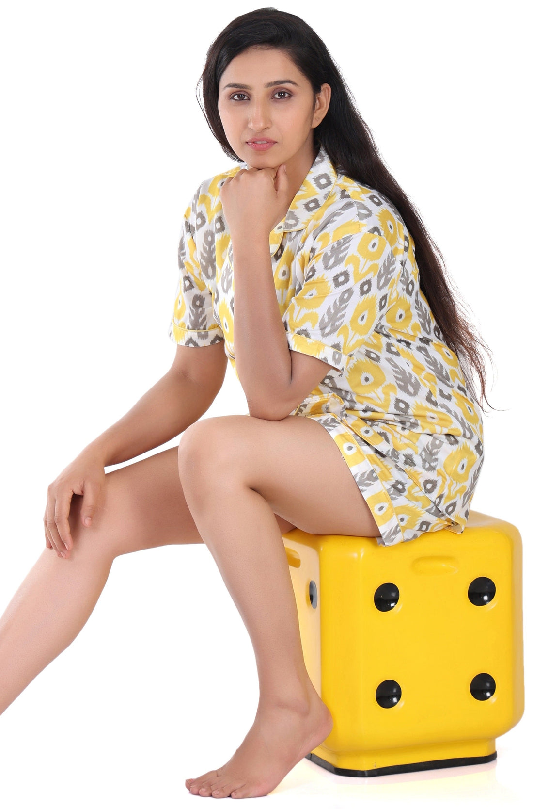 B&amp;B Cambric Cotton Printed Pajama Set for Women Half Sleeve Night Suit Top and Shorts - Yellow Ikat