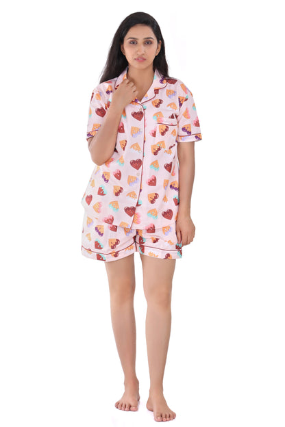 B&amp;B Cambric Cotton Printed Pajama Set for Women Half Sleeve Night Suit Top and Shorts - Waffles