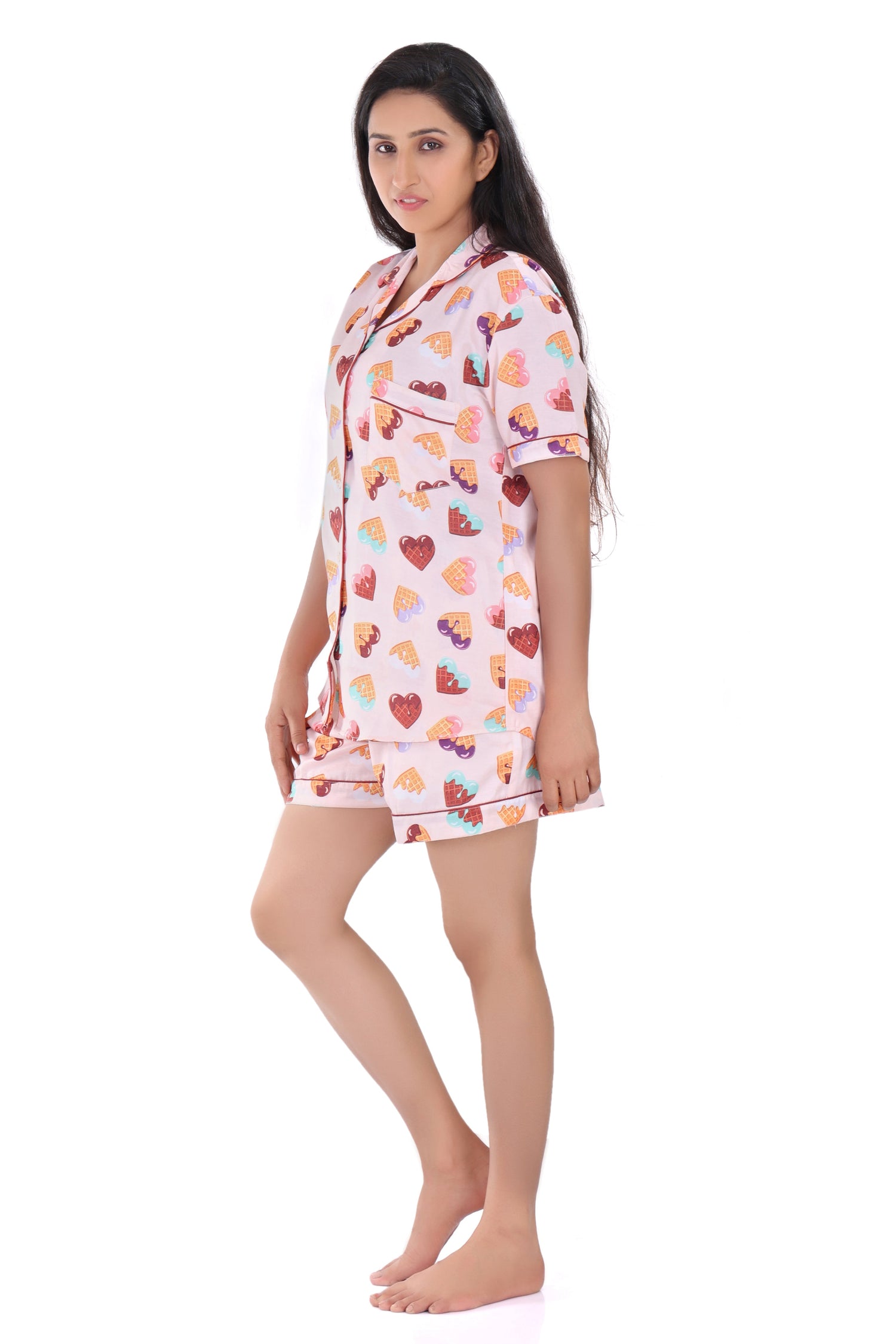 B&amp;B Cambric Cotton Printed Pajama Set for Women Half Sleeve Night Suit Top and Shorts - Waffles