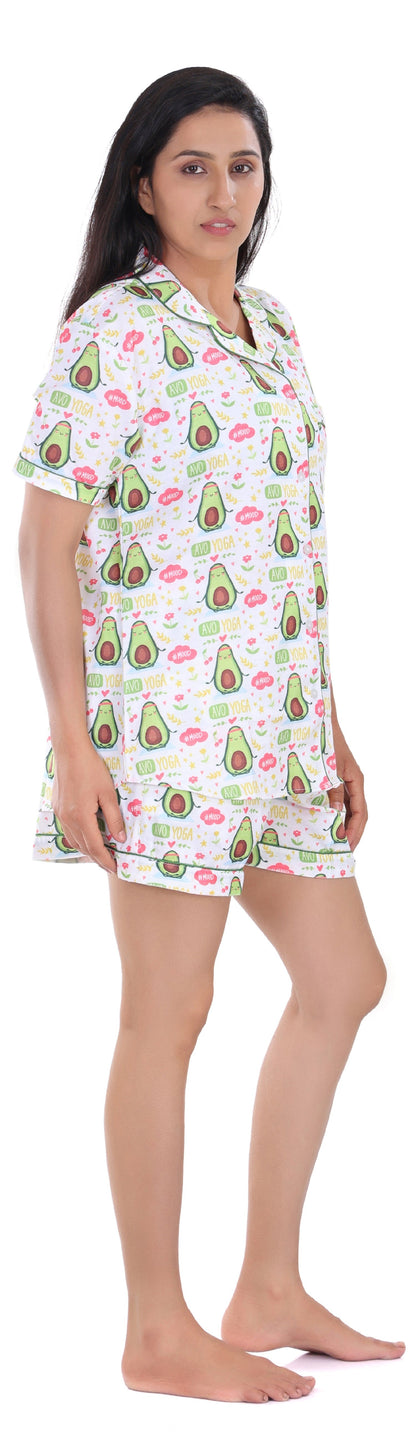 B&amp;B Cambric Cotton Printed Pajama Set for Women Half Sleeve Night Suit Top and Shorts - Avocado