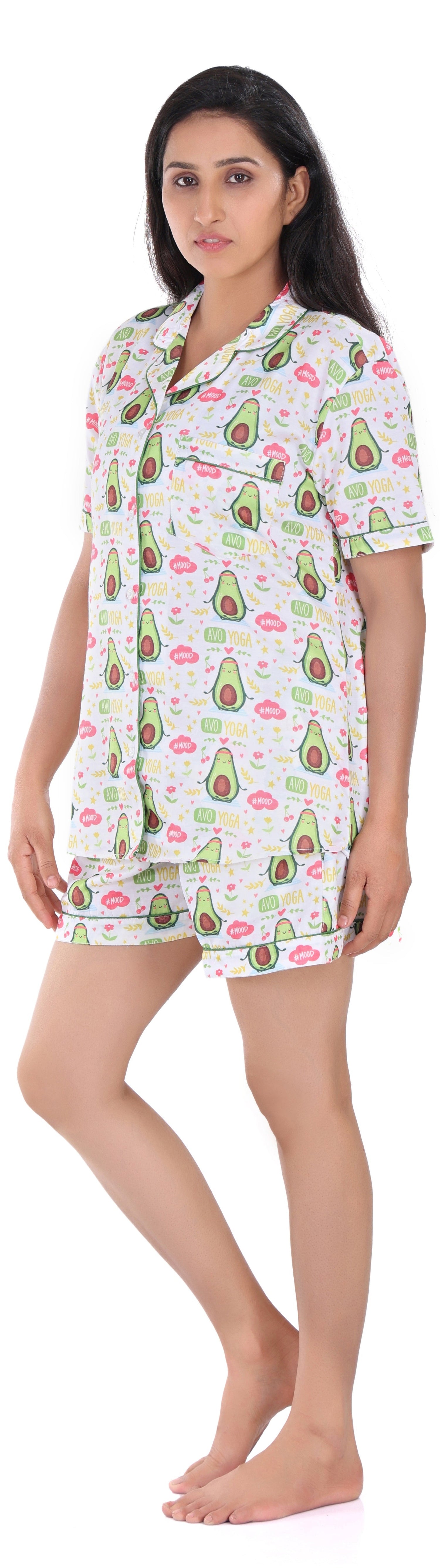 B&amp;B Cambric Cotton Printed Pajama Set for Women Half Sleeve Night Suit Top and Shorts - Avocado