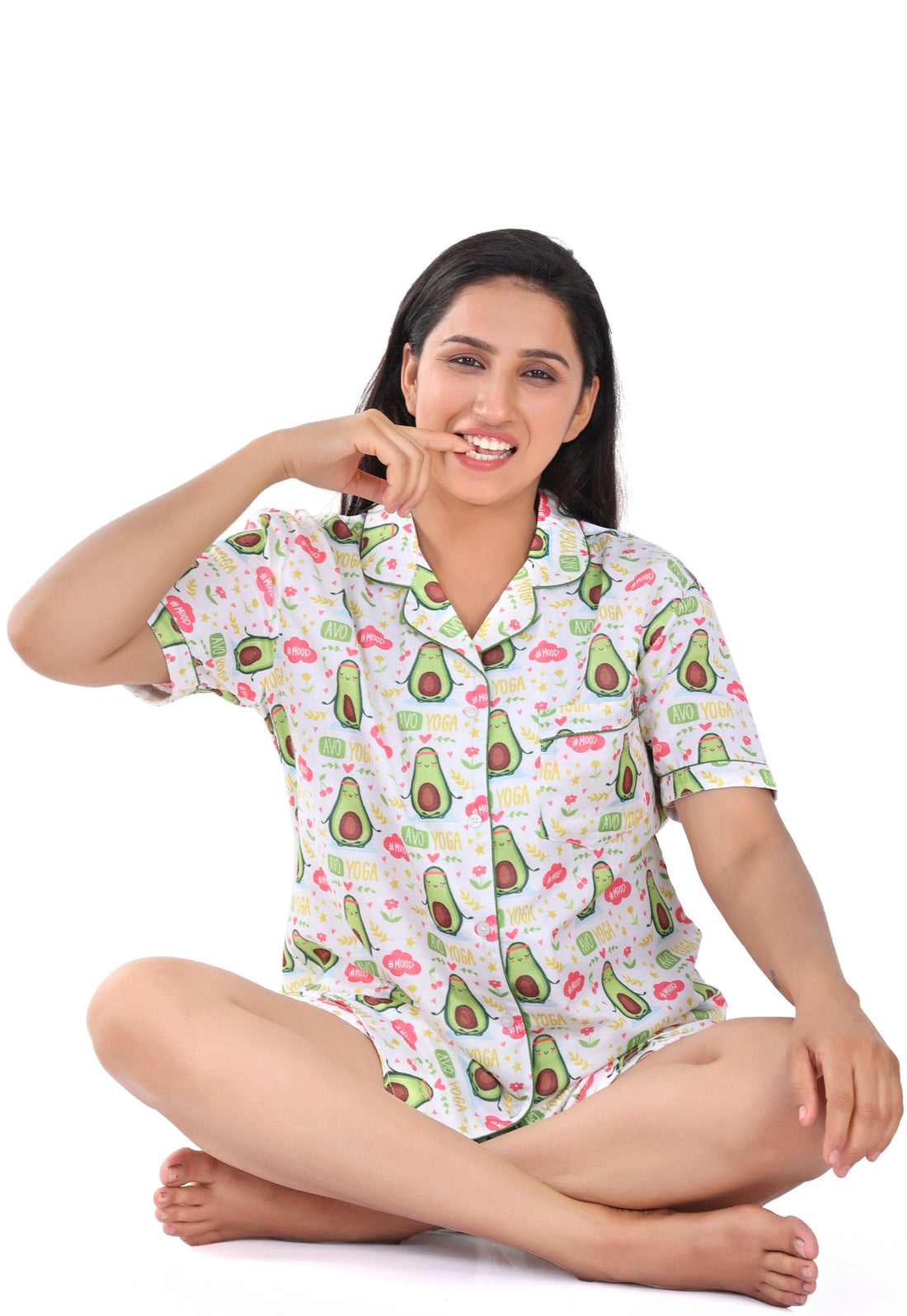 B&amp;B Cambric Cotton Printed Pajama Set for Women Half Sleeve Night Suit Top and Shorts - Avocado