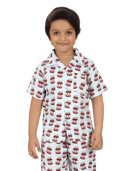 B&amp;B Feather Soft Cotton Printed Half Sleeve Kids Nightwear Night Suit Shirt and Pyjama Combo Set - Creamy Nutella