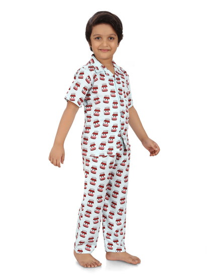 B&amp;B Feather Soft Cotton Printed Half Sleeve Kids Nightwear Night Suit Shirt and Pyjama Combo Set - Creamy Nutella