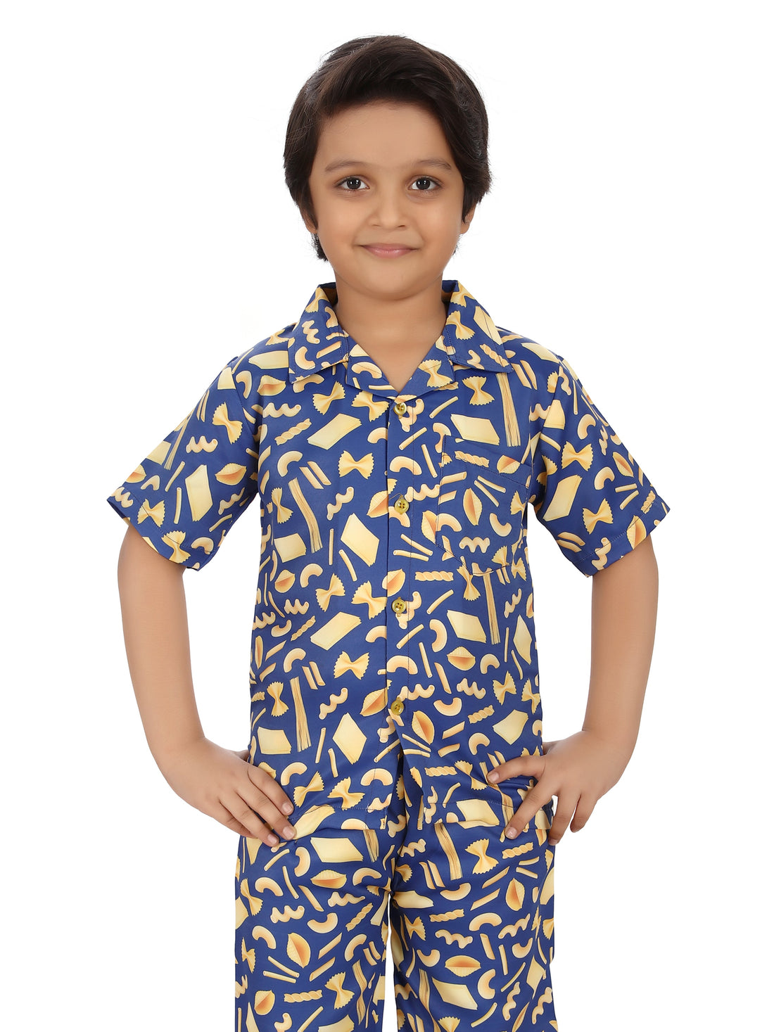 B&B Feather Soft Cotton Printed Half Sleeve Kids Nightwear Night Suit Shirt and Pyjama Combo Set - Cheesy Italian Pasta