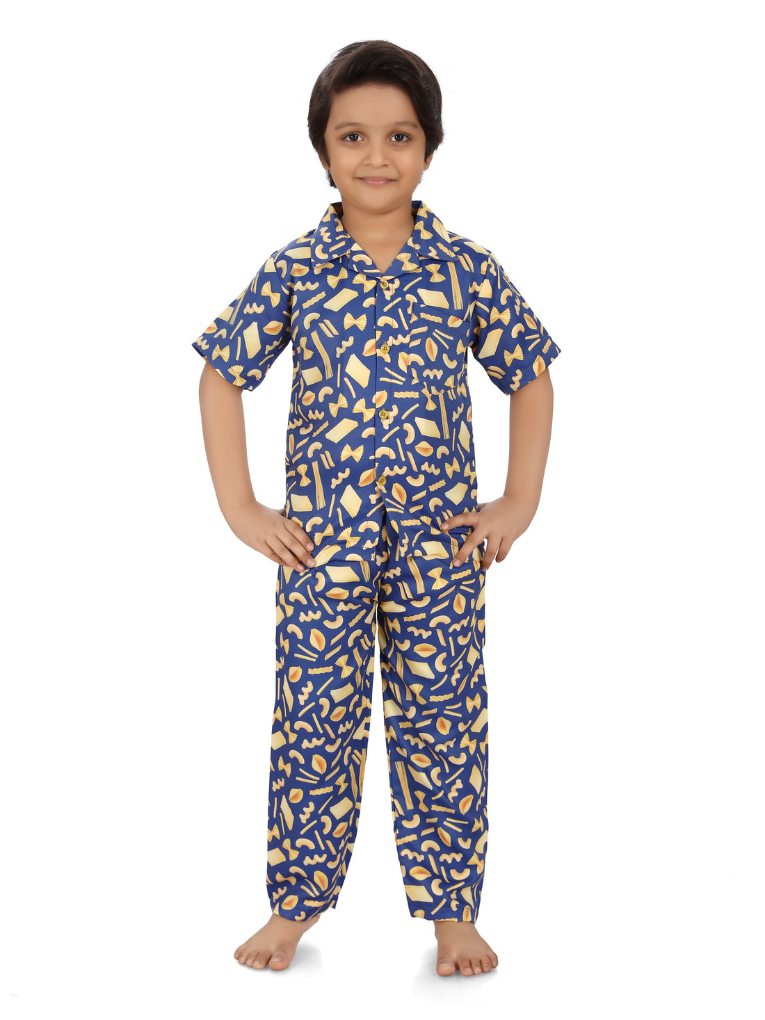 B&amp;B Feather Soft Cotton Printed Half Sleeve Kids Nightwear Night Suit Shirt and Pyjama Combo Set - Cheesy Italian Pasta