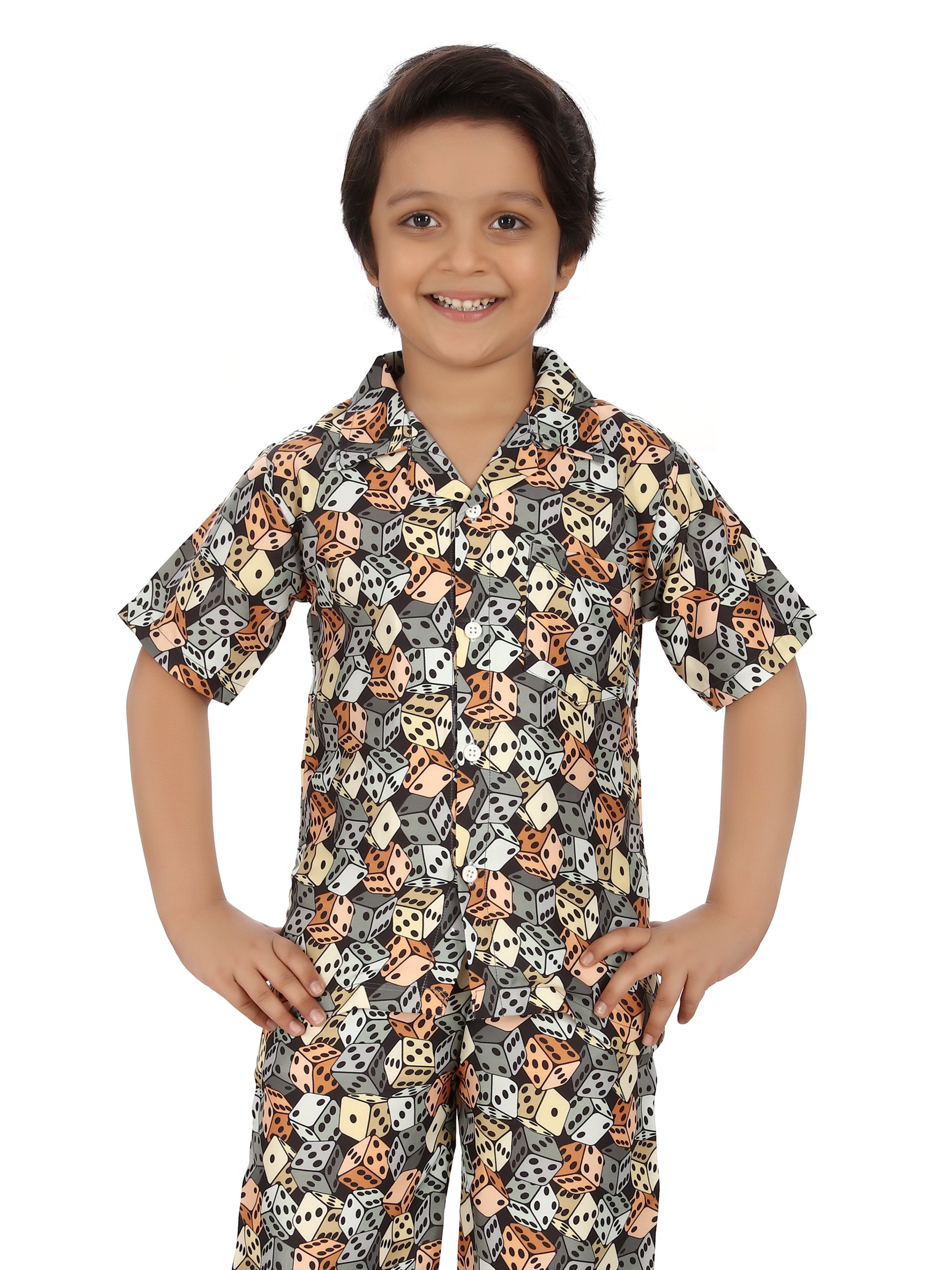 B&amp;B Feather Soft Cotton Printed Half Sleeve Kids Nightwear Night Suit Shirt and Pyjama Combo Set - Cube Dices