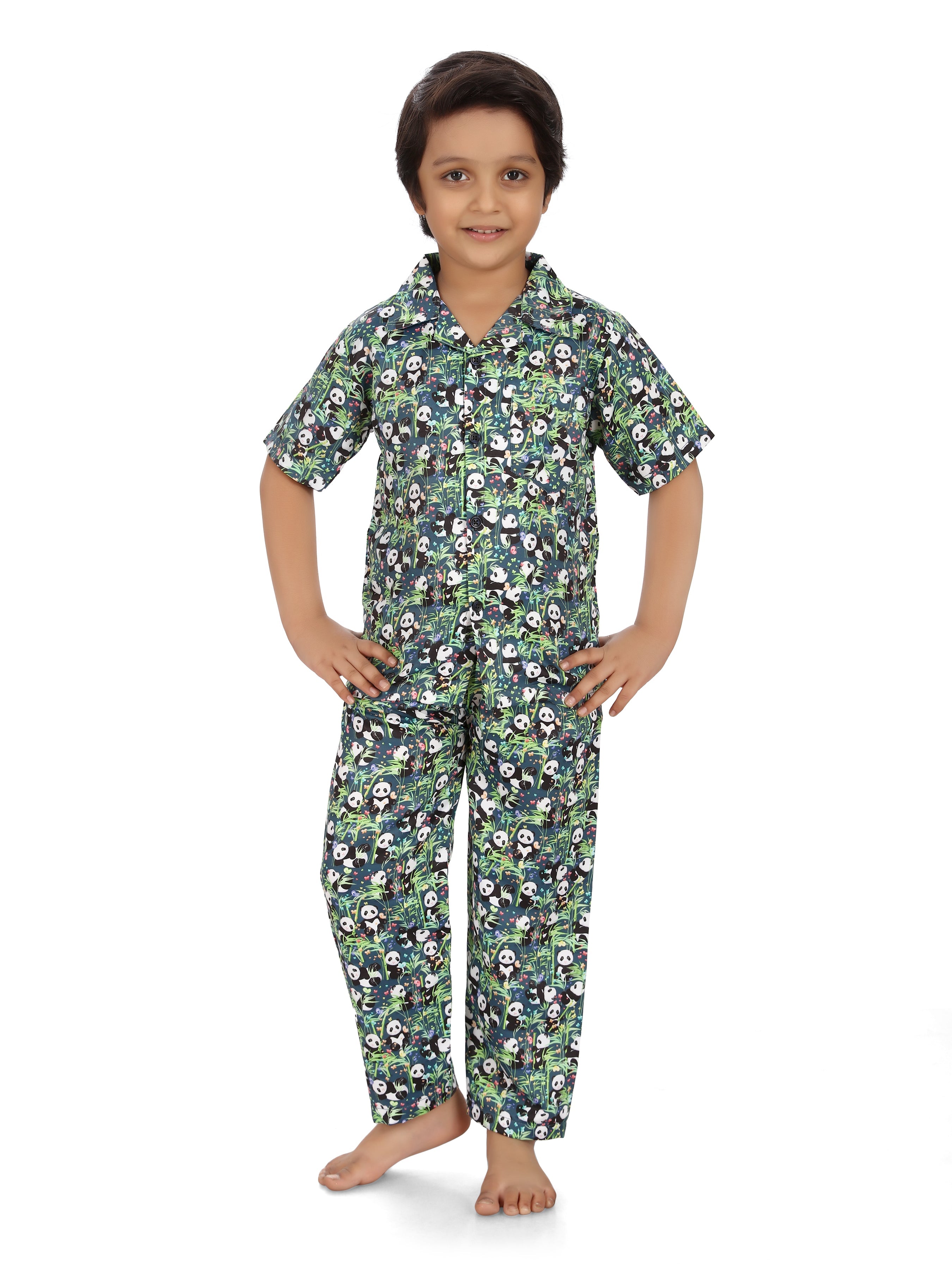 B&amp;B Feather Soft Cotton Printed Half Sleeve Kids Nightwear Night Suit Shirt and Pyjama Combo Set - Lazy Panda