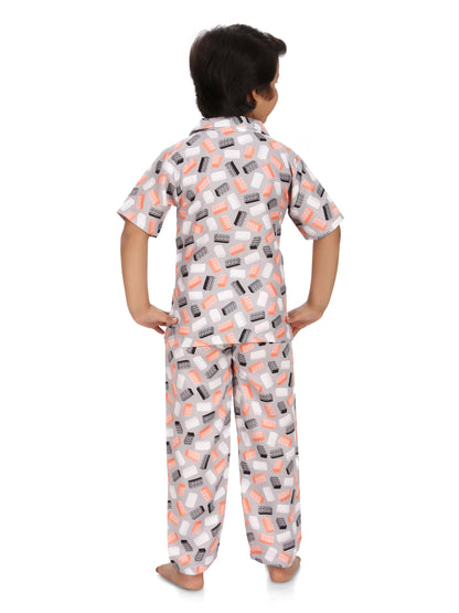 B&amp;B Feather Soft Cotton Printed Half Sleeve Kids Nightwear Night Suit Shirt and Pyjama Combo Set - Building blocks