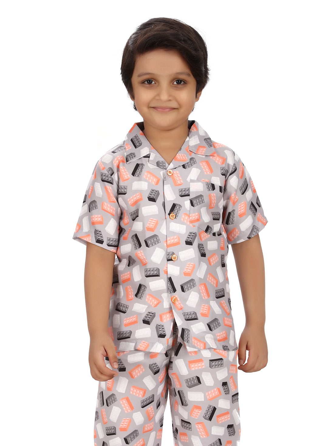 B&amp;B Feather Soft Cotton Printed Half Sleeve Kids Nightwear Night Suit Shirt and Pyjama Combo Set - Building blocks