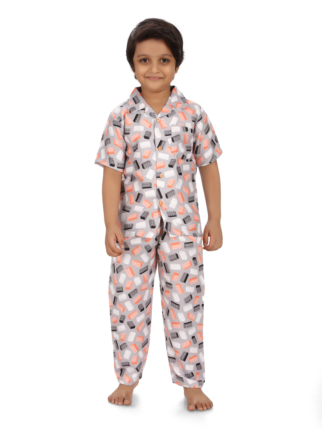 B&amp;B Feather Soft Cotton Printed Half Sleeve Kids Nightwear Night Suit Shirt and Pyjama Combo Set - Building blocks