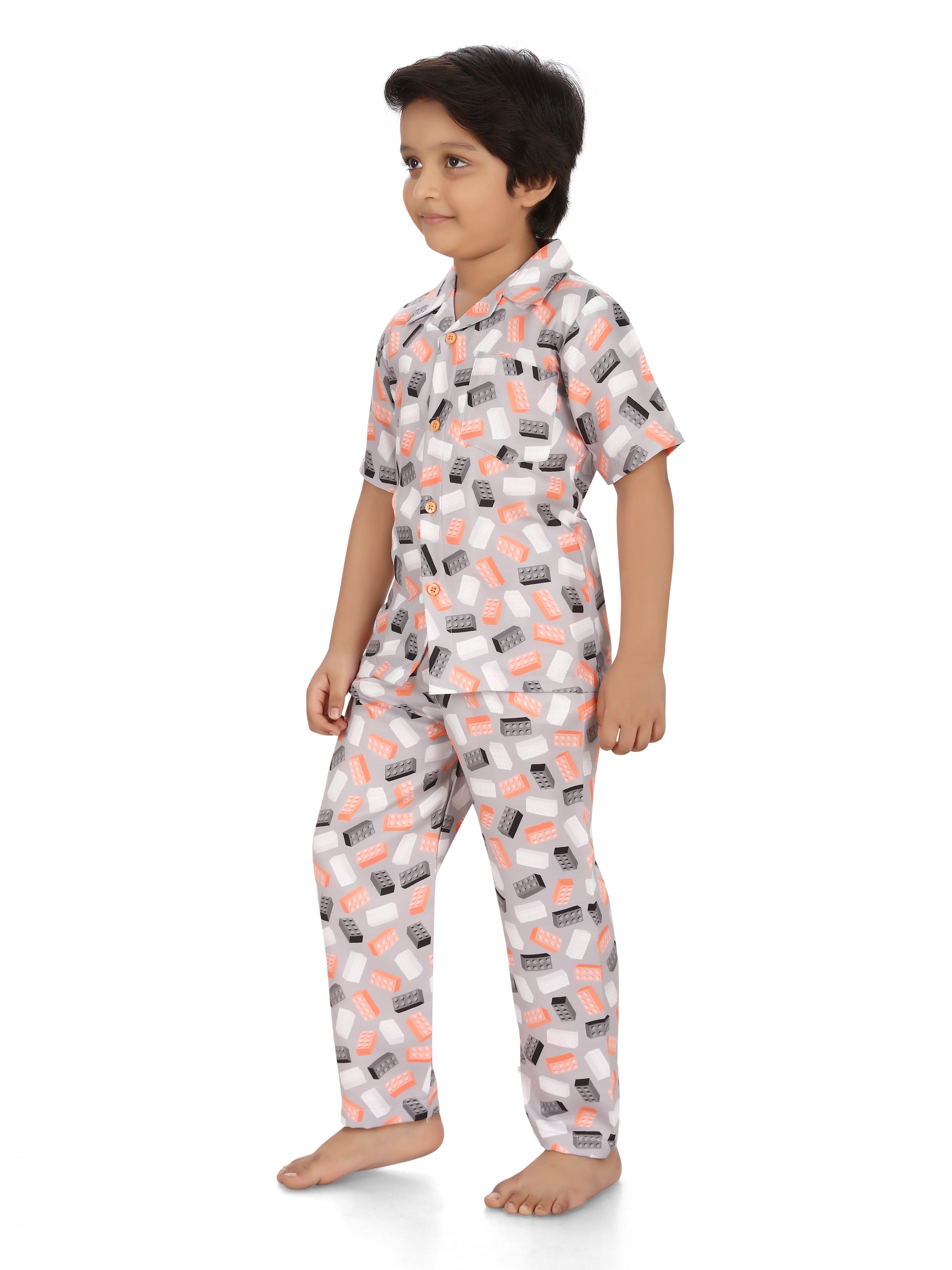 B&amp;B Feather Soft Cotton Printed Half Sleeve Kids Nightwear Night Suit Shirt and Pyjama Combo Set - Building blocks