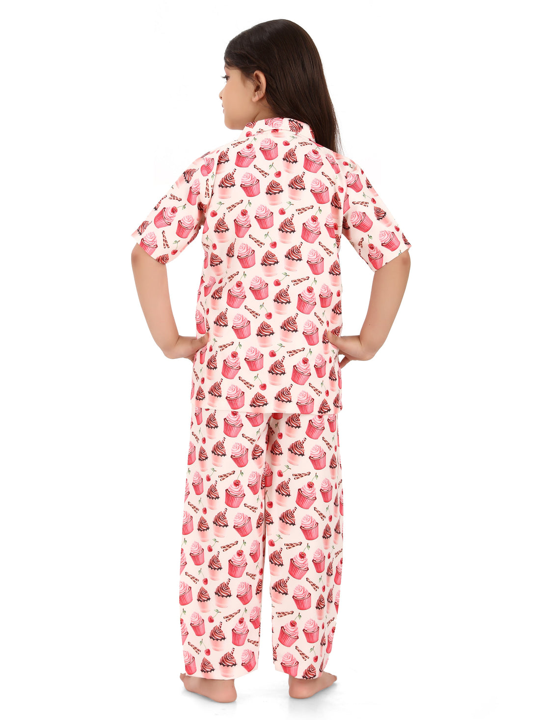 B&amp;B Feather Soft Cotton Printed Half Sleeve Kids Nightwear Night Suit Shirt and Pyjama Combo Set - Lip Smacking Cupcakes