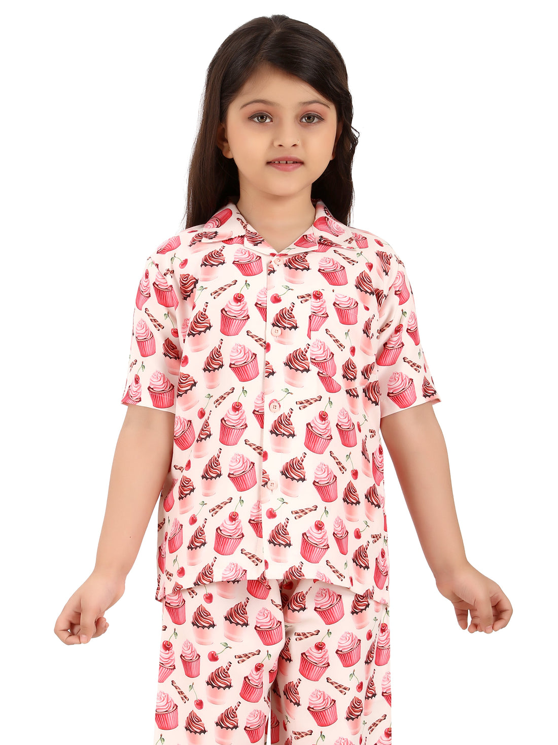 B&amp;B Feather Soft Cotton Printed Half Sleeve Kids Nightwear Night Suit Shirt and Pyjama Combo Set - Lip Smacking Cupcakes