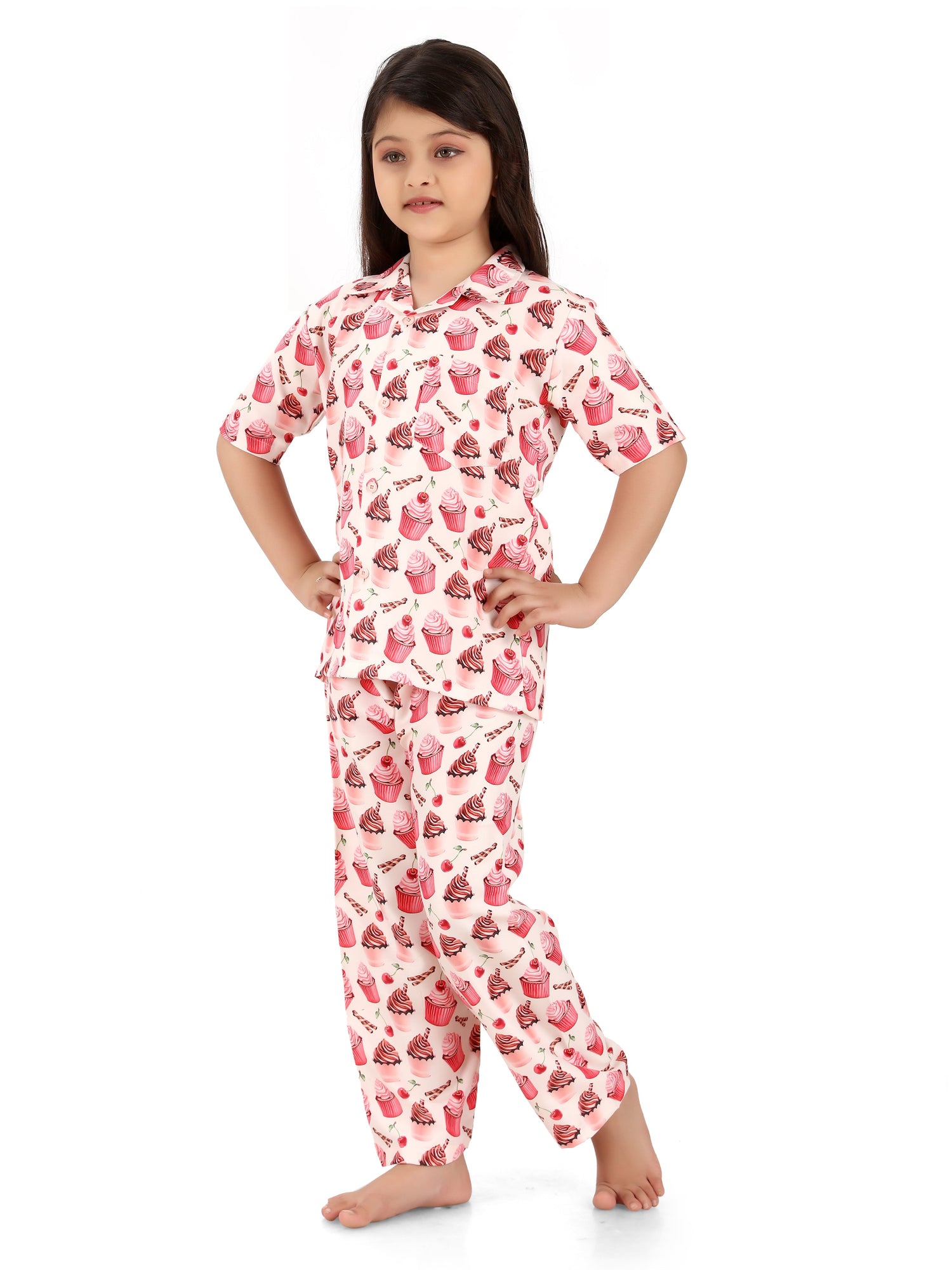 B&B Feather Soft Cotton Printed Half Sleeve Kids Nightwear Night Suit Shirt and Pyjama Combo Set Lip Smacking Cupcakes