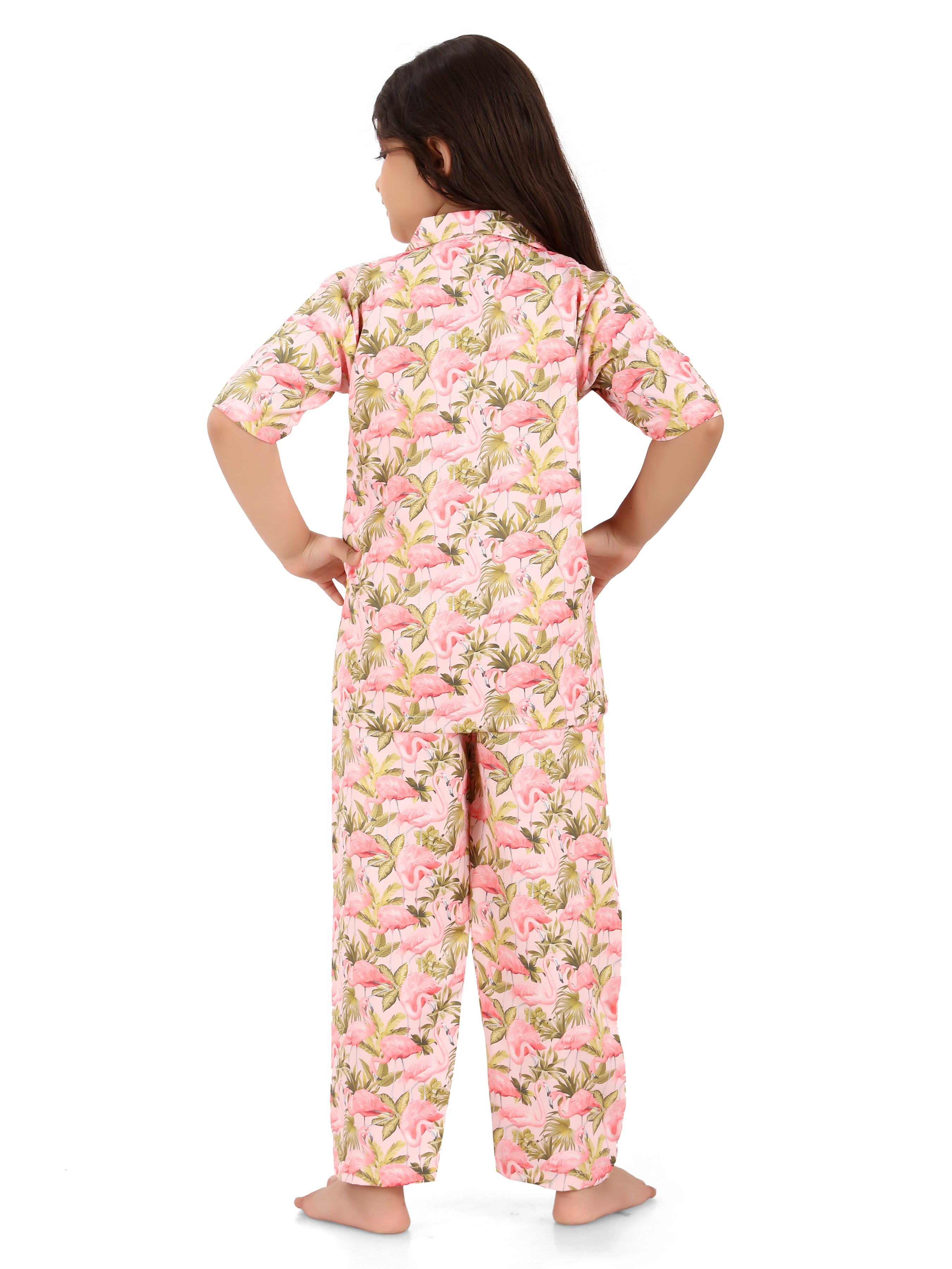 B&amp;B Feather Soft Cotton Printed Half Sleeve Kids Nightwear Night Suit Shirt and Pyjama Combo Set - Pink Flamingo