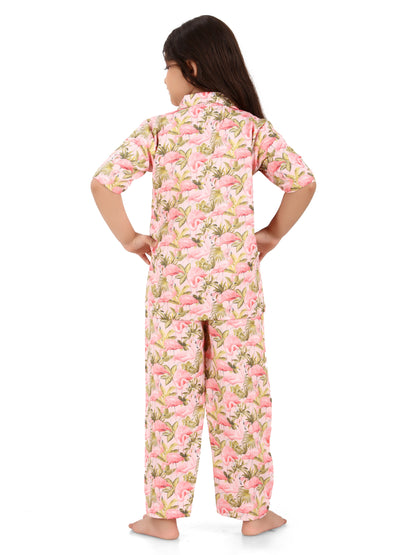 B&amp;B Feather Soft Cotton Printed Half Sleeve Kids Nightwear Night Suit Shirt and Pyjama Combo Set - Pink Flamingo